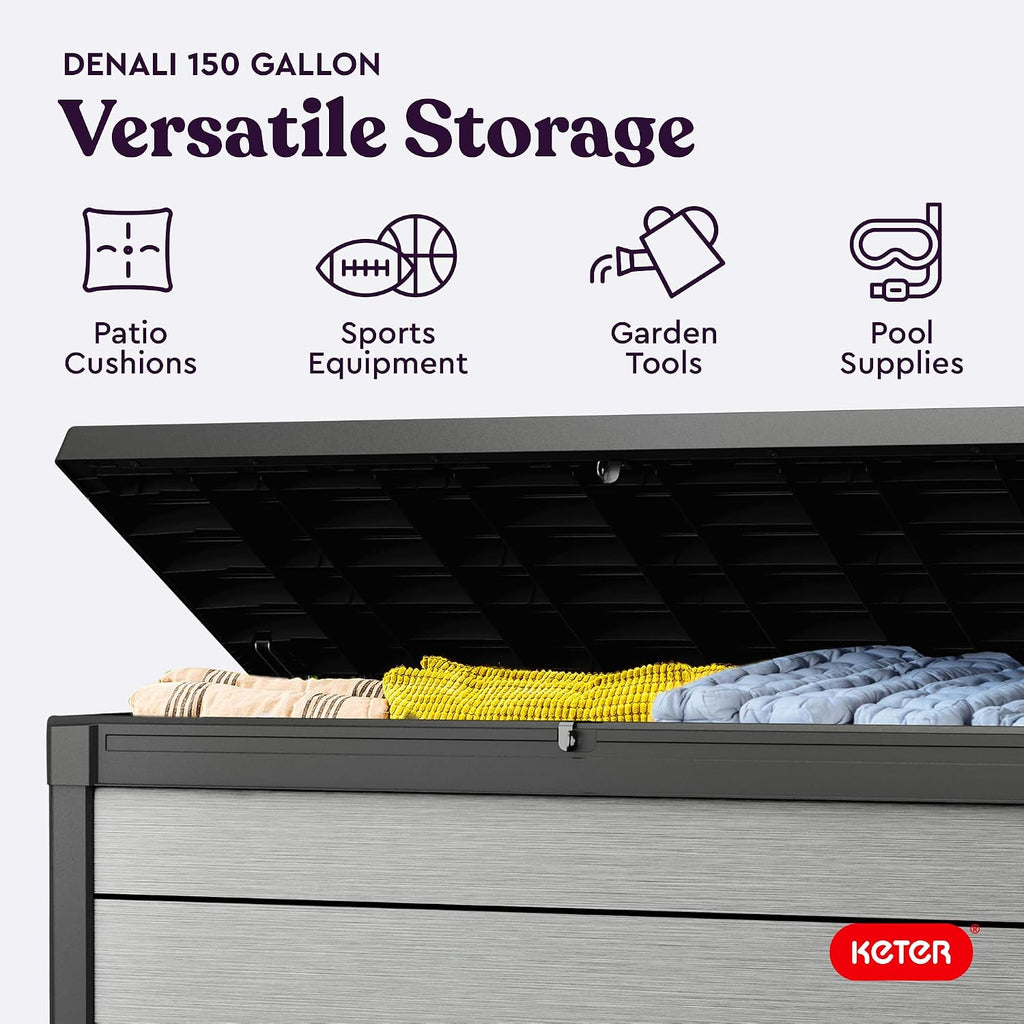 Keter Denali 150 Gallon Resin Large Deck Box with Double Wall 20mm Panels - Paintable and Drillable-Organization and Storage for Patio Furniture and Outdoor Items, Grey & Black