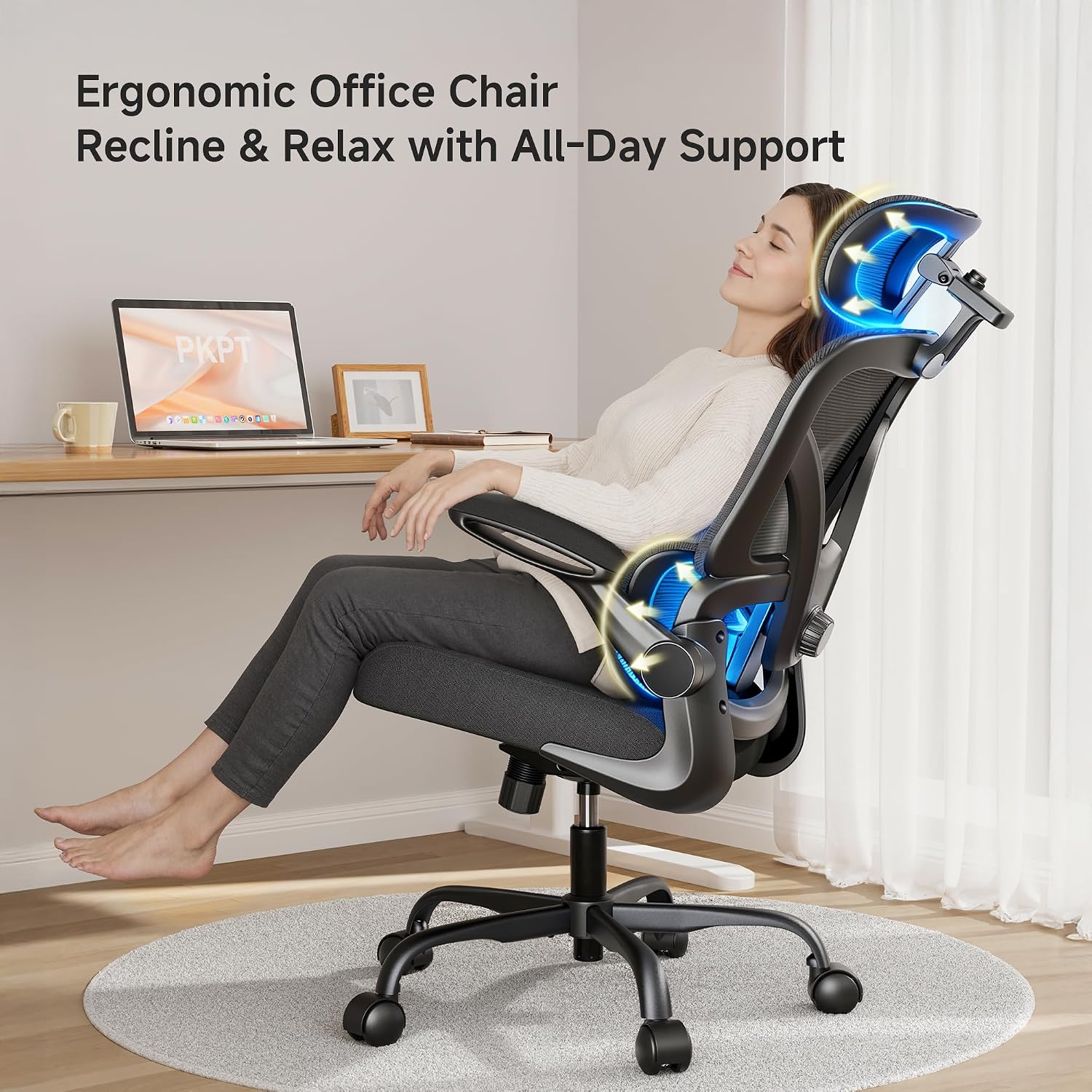 Ergonomic Office Chair, 330LBS Desk Chair with 3-Level Lumbar Support & Headrest, Breathable Mesh Backrest, Flip-Up Armrests for Home Office and Gaming, Black