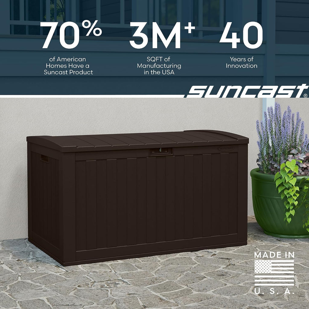 Suncast 134-Gal. Resin Extra-Large Outdoor Patio Deck Box with Pad-Lockable Lid, Modern Outdoor Patio Bench/Storage Box for Cushions, Garden Tools, and More, Java