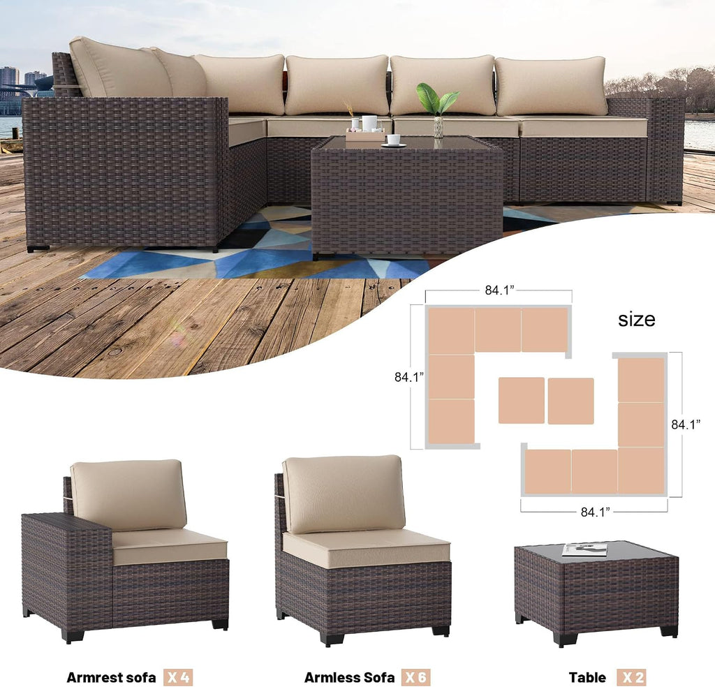 Kullavik Outdoor Patio Furniture Set,12 Pieces Sectional Rattan Sofa Set Brown PE Rattan Wicker Patio Conversation Set with 10 Seat Cushions and 2 Tempered Glass Coffee Table,Sand
