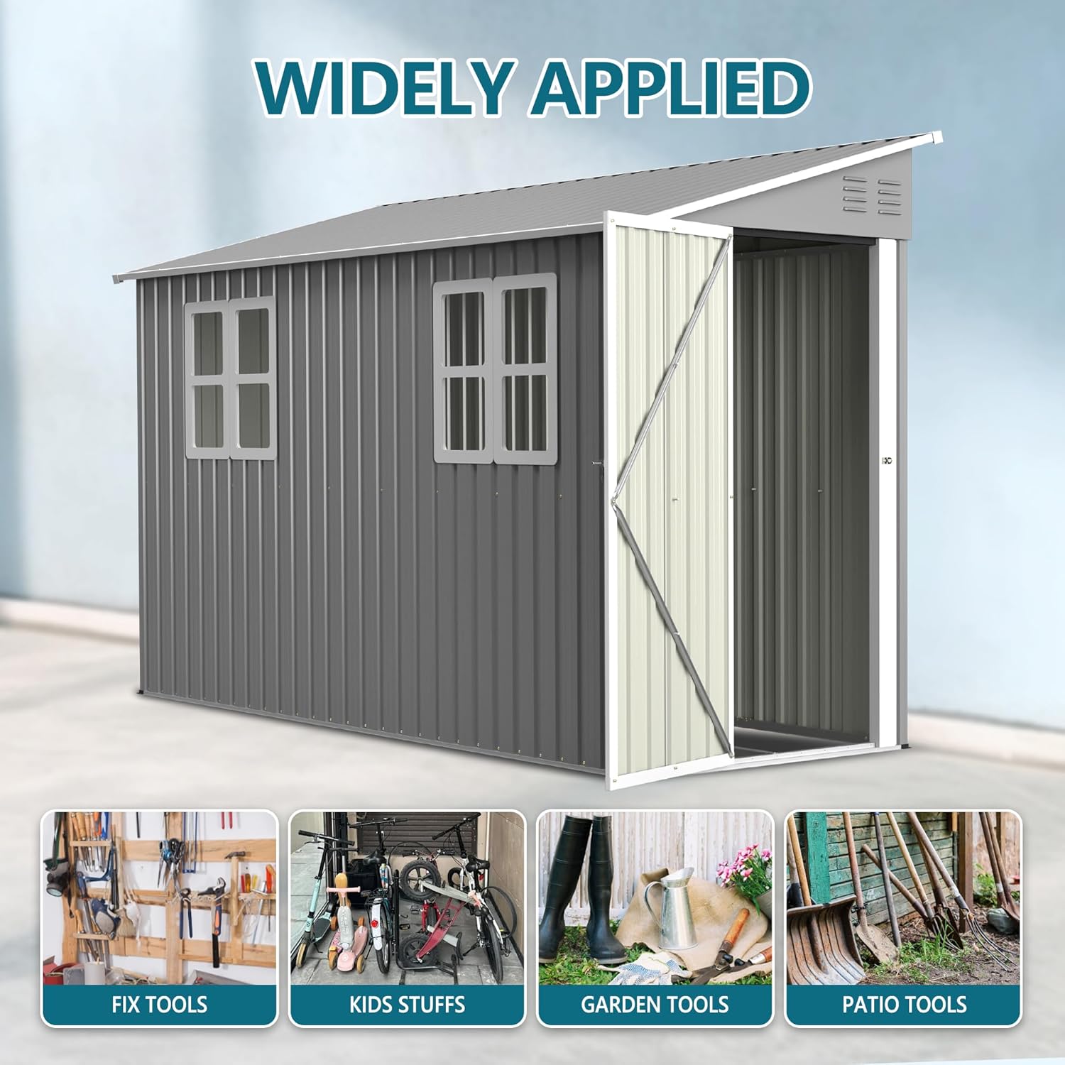 4x10FT Lean to Shed with Floor Frame & Windows, Metal Outdoor Storage Shed, Large Tool Shed for Garden Backyard Patio Storage,Outside Lean to Waterproof Shed, Gray