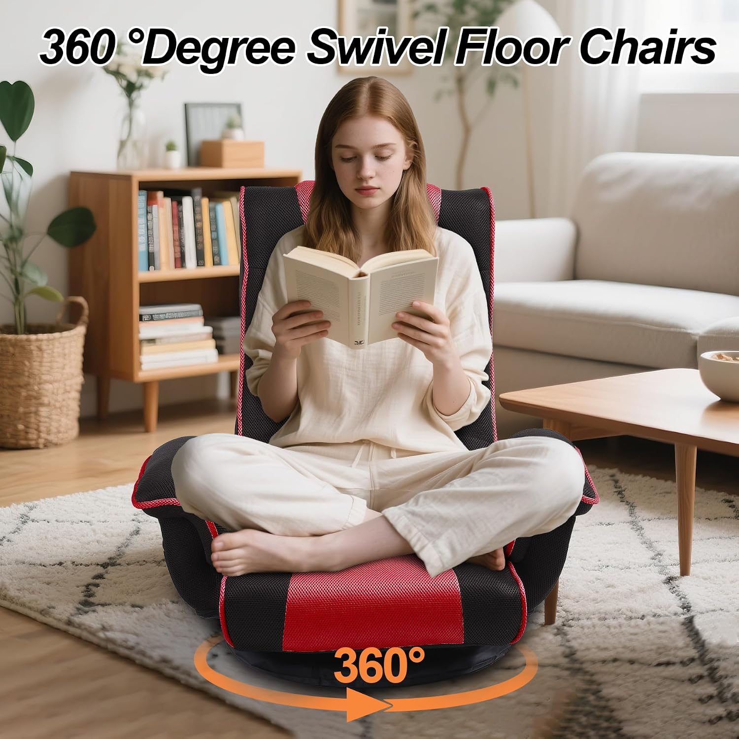 Swivel Floor Chairs for Adults, Floor Gaming Chair with Extra Wide Arms, Back Support 14 Angles Adjustable Comfortable Double Mesh Fabric Lazy Sofa for Video Game Chairs 201 (Black+Red)