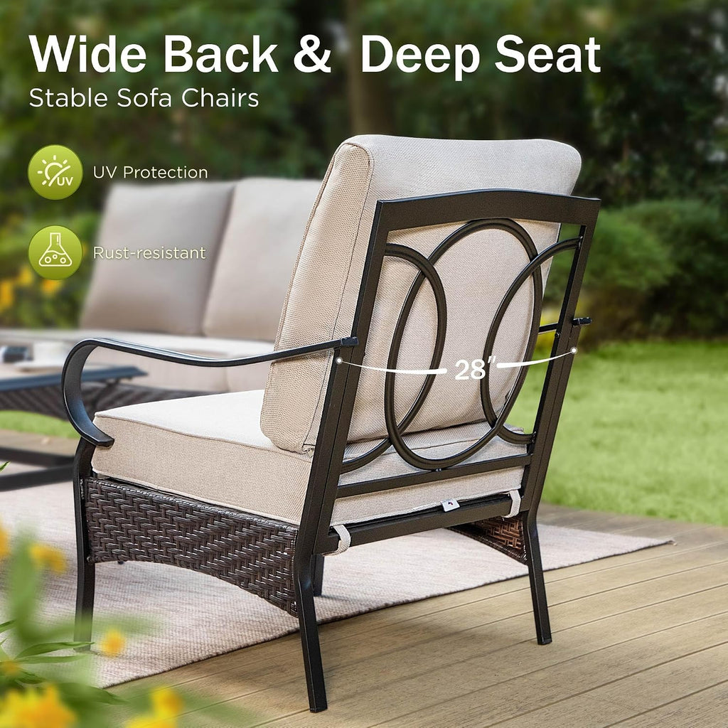PHI VILLA Outdoor Modern Patio Furniture Set, Upgraded Wicker & Metal Patio Conversation Set with Waterproof Thick Cushions for Porch, Poolside, Yard (5 Pieces,Beige)