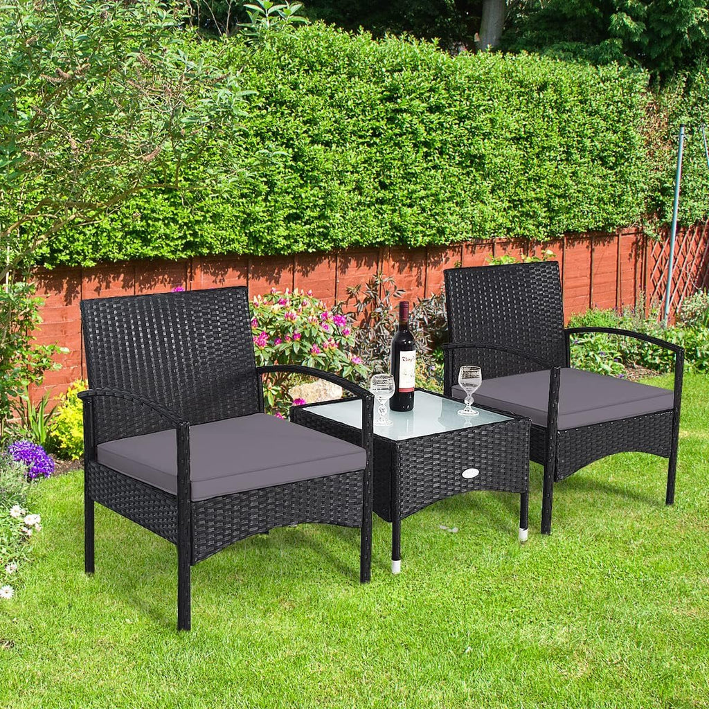 HAPPYGRILL 3 Pieces Rattan Patio Bistro Set, Outdoor Conversation Set, Patio Furniture Set with Glass Coffee Table & Soft Cushions for Balcony Garden Poolside