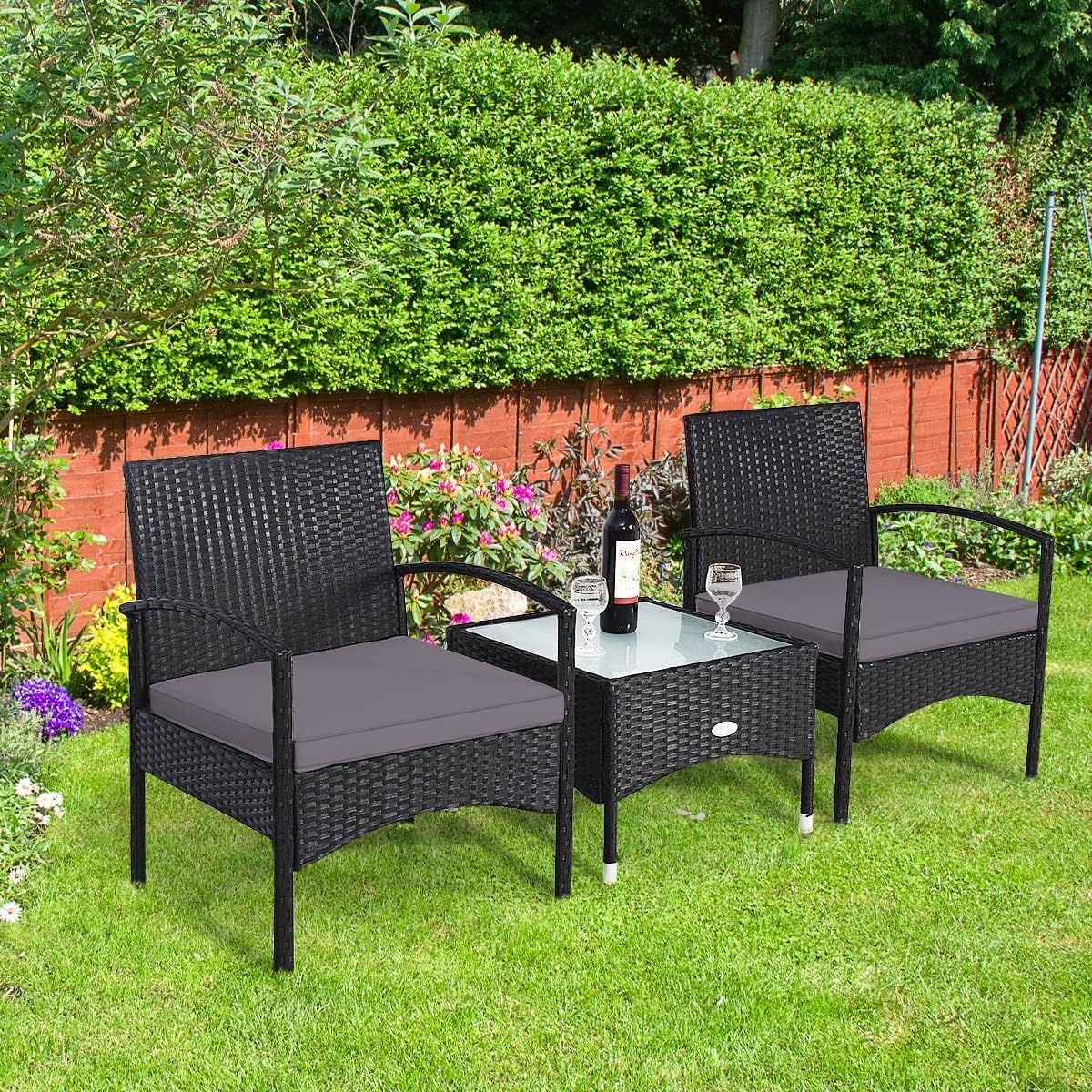 HAPPYGRILL 3 Pieces Rattan Patio Bistro Set, Outdoor Conversation Set, Patio Furniture Set with Glass Coffee Table & Soft Cushions for Balcony Garden Poolside