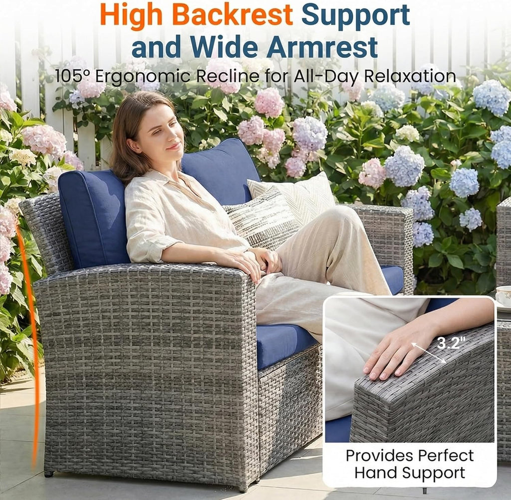 Wisteria Lane Patio Furniture Set, Wicker Outside Outdoor Furniture for All Weather, Patio Sofa with High Backrest Support and Wide Armrest for Backyard, Balcony, Deck, Porch, Navy Blue