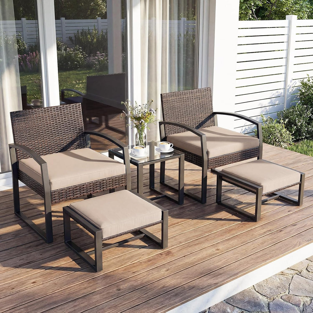 Tangkula 5 Pieces Wicker Patio Conversation Set, Outdoor PE Rattan Chair with Ottoman Set with Glass Side Table, 2-Person Small Balcony Furniture Seating Set with Cushions for Porch, Backyard, Deck