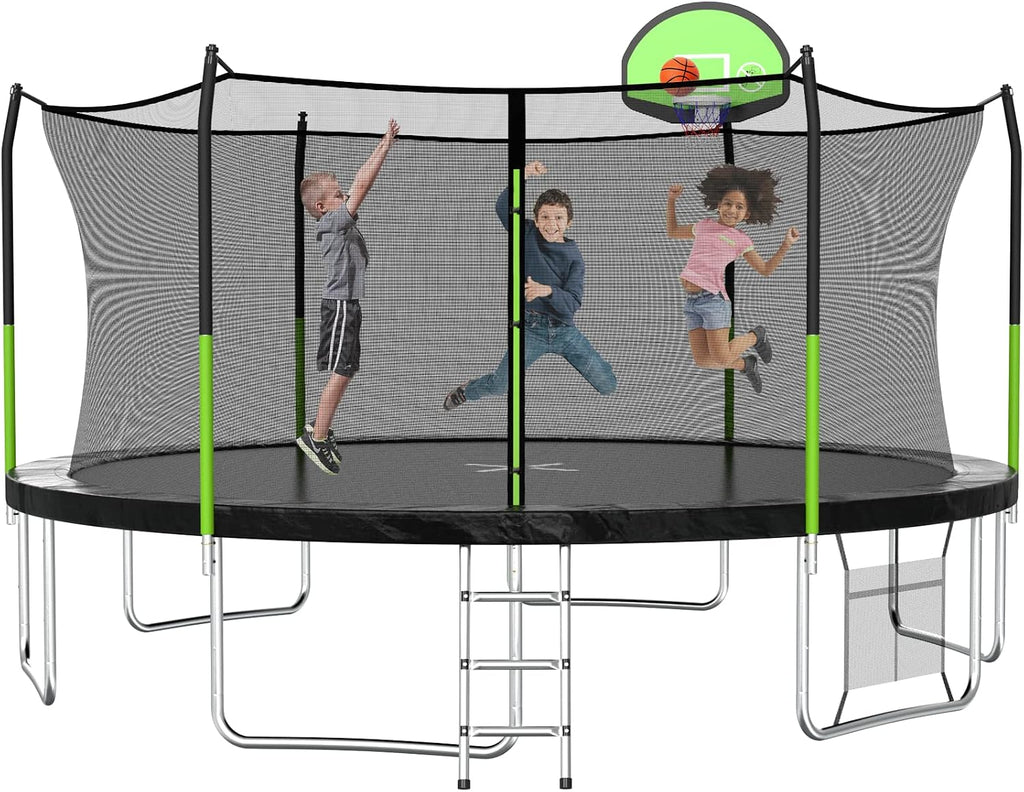 AOTOB 8FT 10FT 12FT 14 FT 15FT Trampoline with Safety Enclosure Net，Outdoor Trampoline with Basketball Hoop, Heavy Duty Jumping Mat and Spring Cover Padding for Kids and Adults, Storage Bag and Ladder