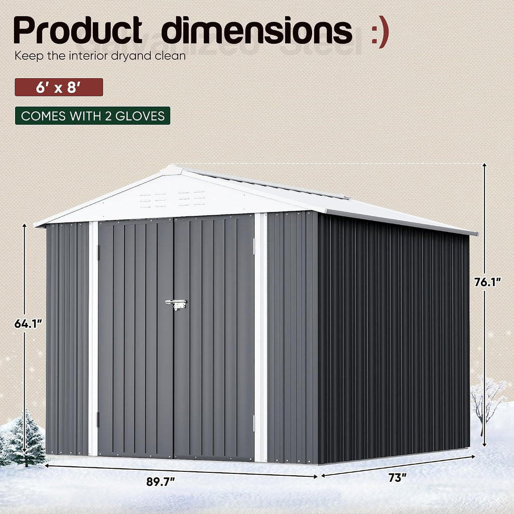 GUNJI 8 x 6 FT Shed Outdoor Storage Shed Metal Garden Shed with Lockable Door Outside Waterproof Tool Shed for Backyard, Patio, Lawn (Gray)