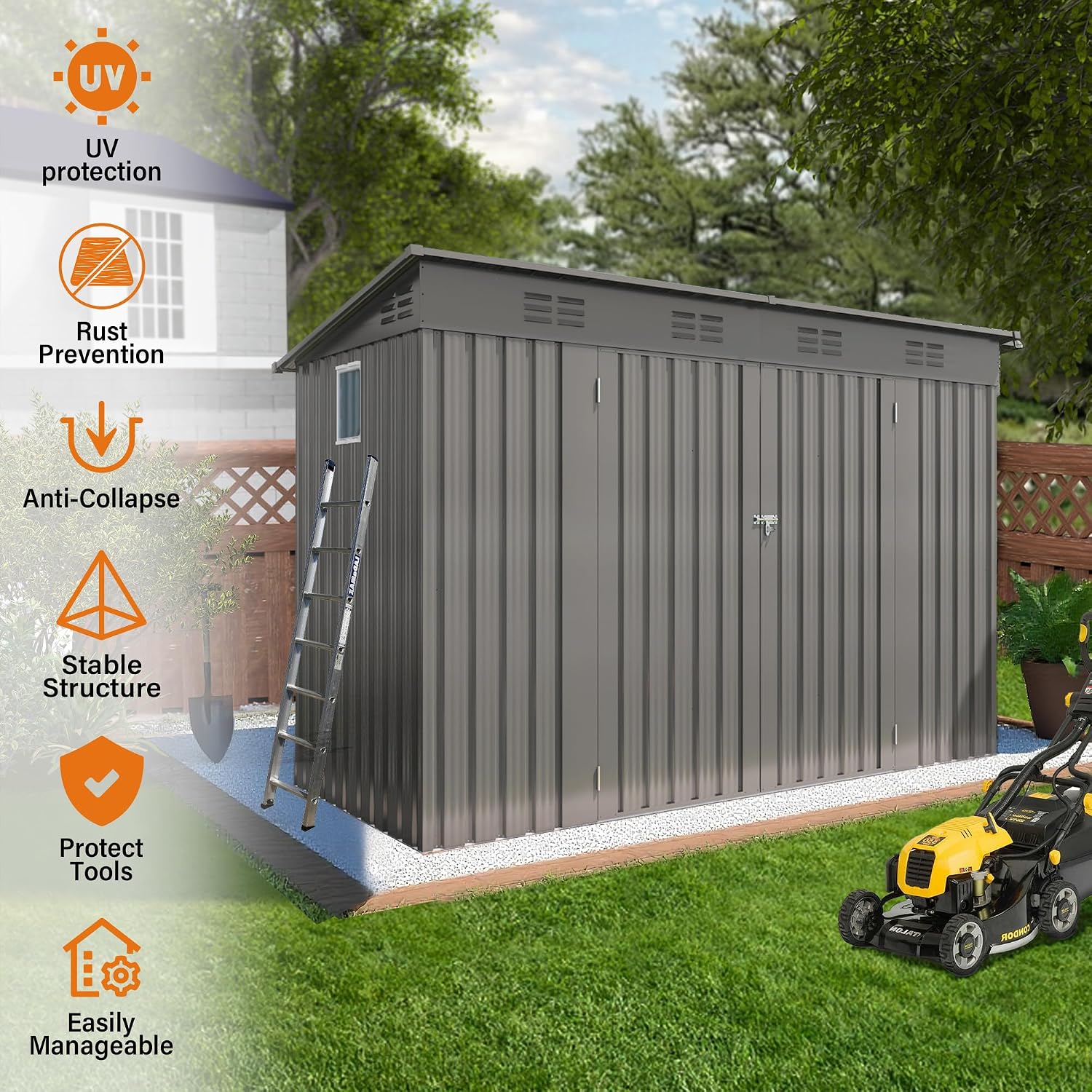 YOPTO 4x9 FT Outdoor Storage Shed W/Window,Metal Shed W/Lockable Door,Garden Tool Storage House W/ 6 Air Vents & Sloped Roof,for Backyard,Patio,Lawn,Gray
