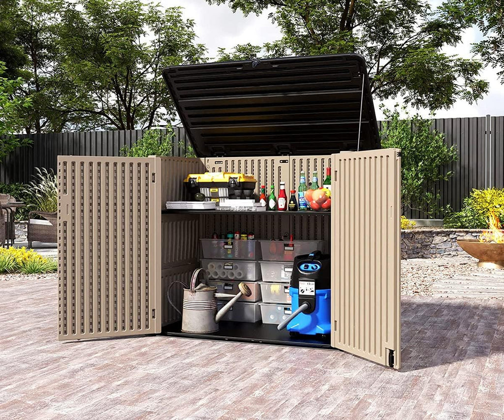 HOMSPARK Storage Shed Weather Resistance, Multi-Purpose Outdoor Storage Cabinet for Backyards and Patios, Horizontal Storage Shed for Lawnmower, Patio Accessories (Brown, X Large - 48 cu.ft)
