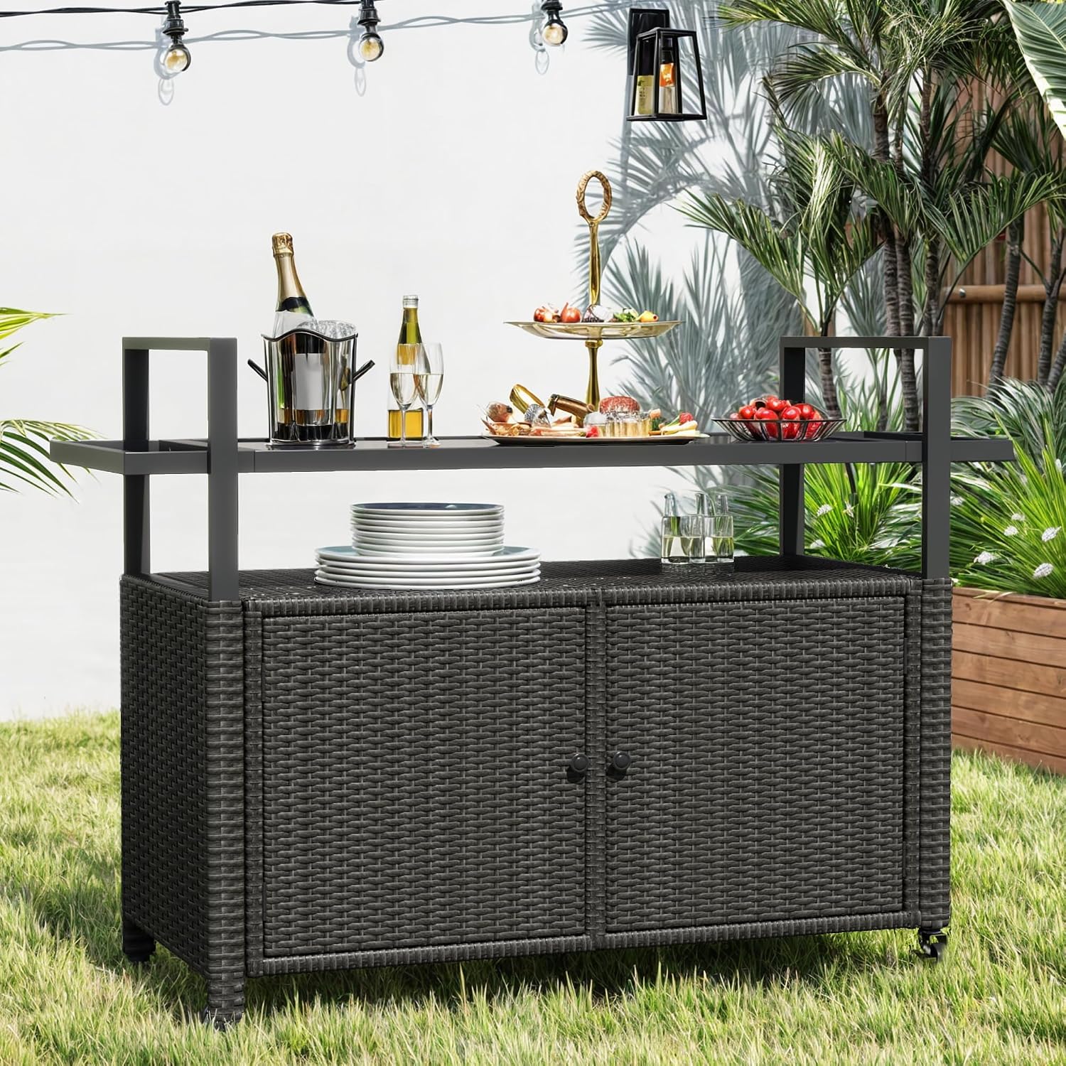 DWVO Outdoor Kitchen Island,Patio Buffet Cabinet with Storage, Bar Cart with Glass Top,Patio Storage Cabinet with Wheels,Outdoor Bar Table for Poolside and Backyard,Black