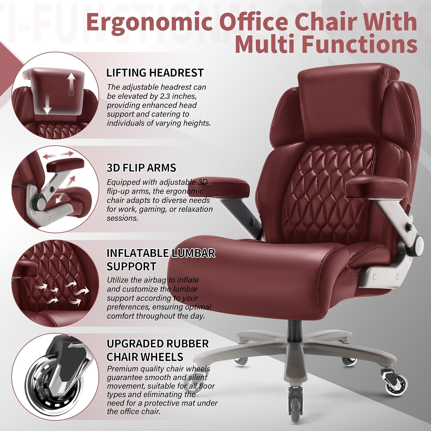 Big and Tall Office Chair 700lbs - Adjustable Headrest&Lumbar Support, 3D Flip Arms, Large Wheels &Heavy Duty Metal Base, Ergonomic High Back Computer Chair Desk Chair, Thick Padded Extra Wide Seat
