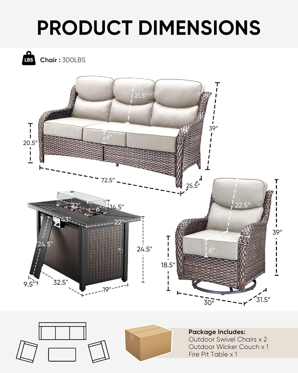 HUMMUH 4 Pieces Patio Furniture Set with Fire Pit High Back Outdoor Furniture Set 6-inch Cushions Wicker Patio Swivel Rocker Chairs for Balcony Garden,Lawn,Deck