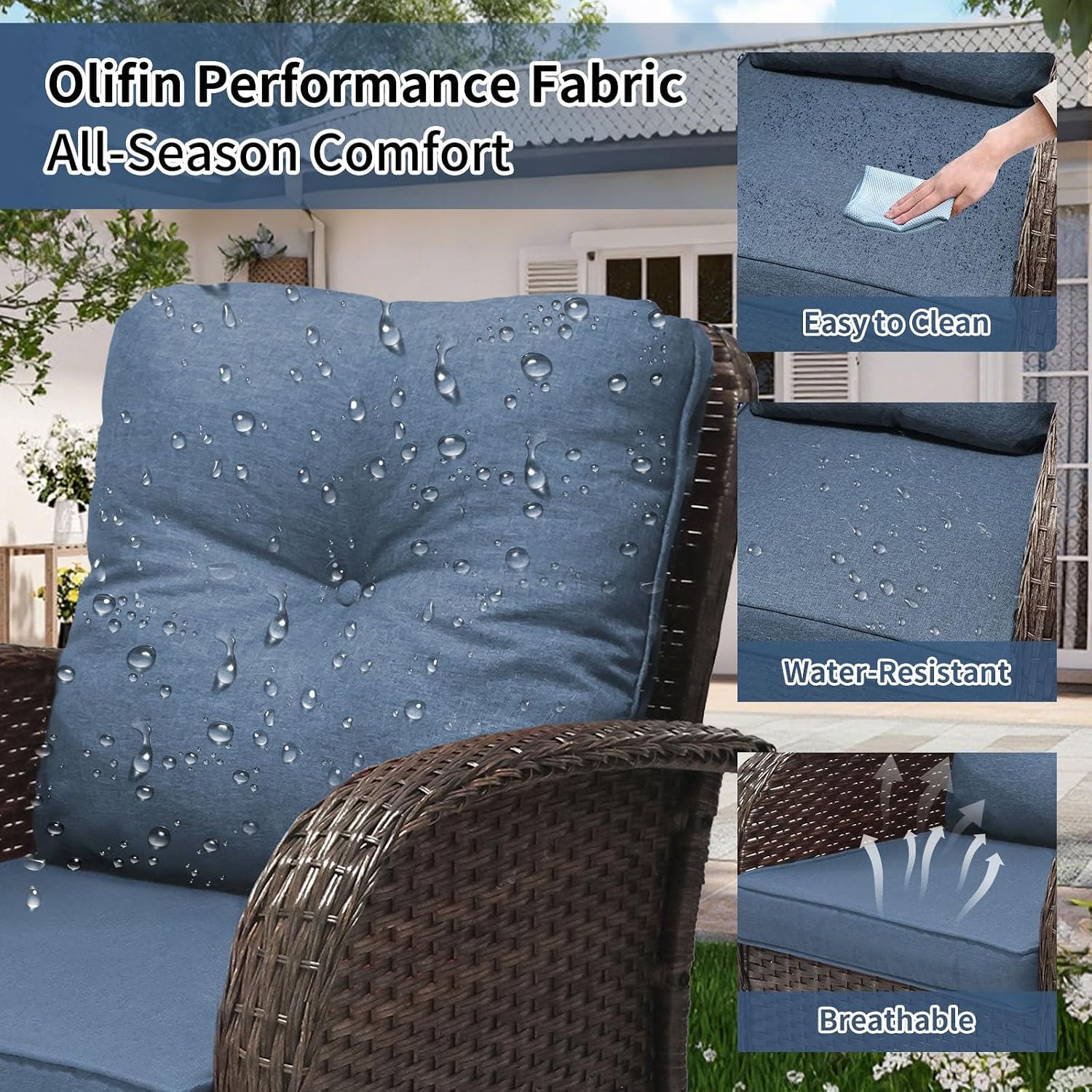 SHGJ&SOFT 3 Piece Patio Furniture Set, 2 Outdoor Swivel Rocking Chairs with Side Table, Wicker Glider Chairs, All-Weather Rattan Bistro Set for Porch, Deck, Pool (Blue, Brown Full-Weave Rattan)