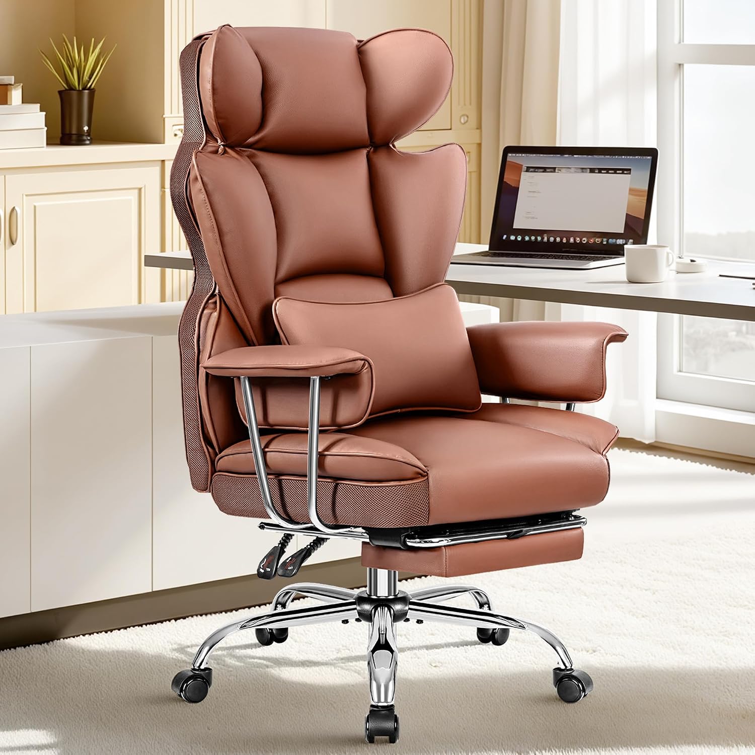 ALLGOD Office Chair Comfy, Big and Tall Executive Leather Chair, High Back Ergonomic Wide Chair with Footrest, Reclining Computer Desk Chair, Heavy Duty Gaming Chair with Padded Arm and Pillow, Brown