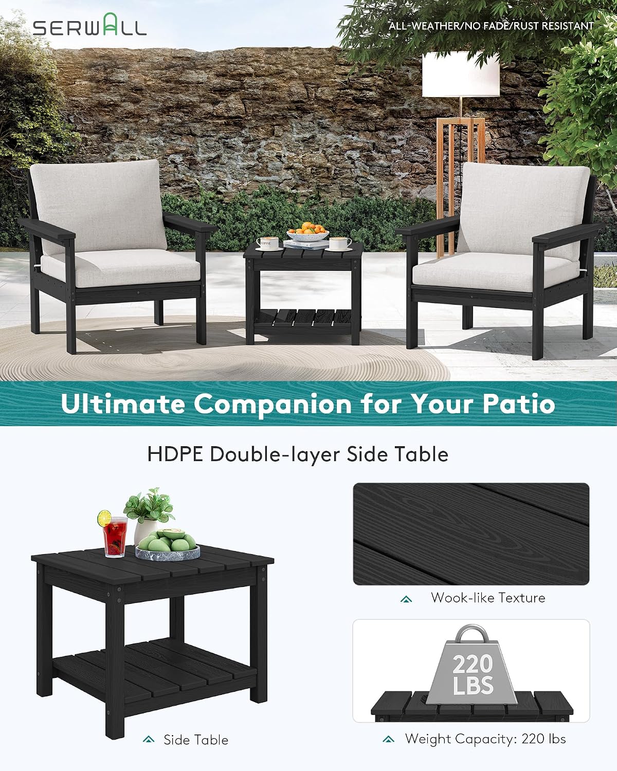 SERWALL HDPE Patio Sofa Set, 3-piece Sectional Outdoor Furniture Set, All Weather Outdoor Couch Set Patio Furniture Set for Deck, Lawn, Black Frame with Khaki Cushion