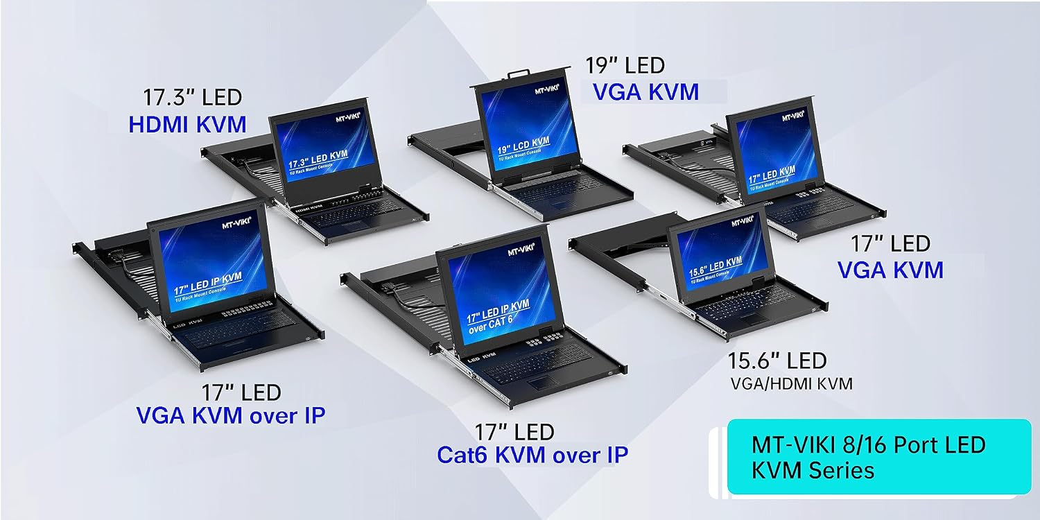 MT-VIKI 16 Port VGA KVM Console, 1U Rack Mount KVM Console w/15.6'' LCD Monitor, 1080P All-in-ONE LCD KVM Console Integrated Touchpad+Keyboard+Drawer+16 KVM Cables