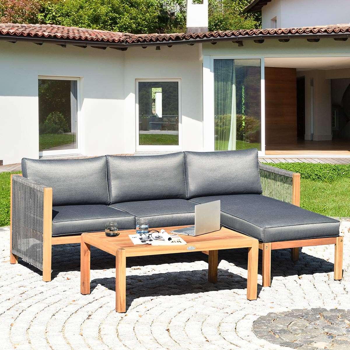 Tangkula L Shape Outdoor Furniture Set, 3 Piece Acacia Wood Patio Conversation Set, with 2 loveseats and Coffee Table, Garden Backyard Poolside Patio Seating Set