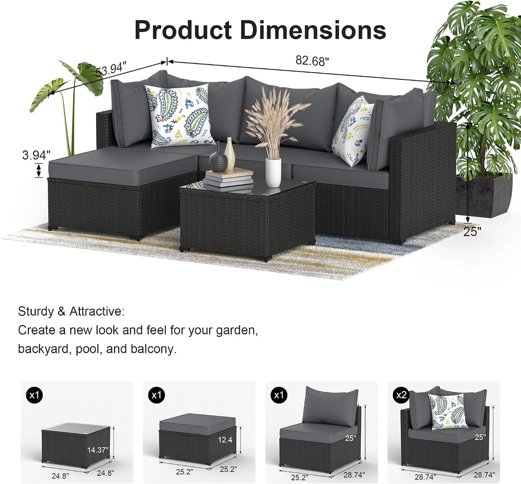 Patio Furniture Set, 5PCS Outdoor Sectional with Ottoman Wicker Rattan Patio Furniture with Thickened Cushion Modular Wicker Patio Conversation Set with Glass Top Table for Balcony, Backyard (Grey)