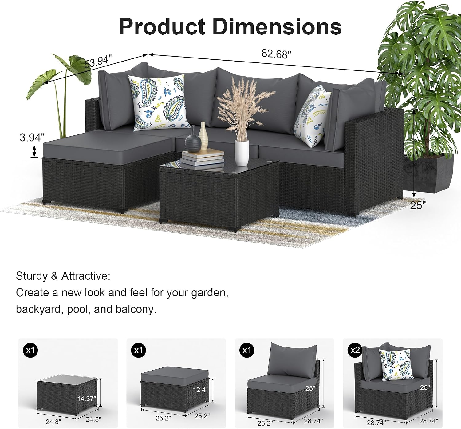 Patio Furniture Set, 5PCS Outdoor Sectional with Ottoman Wicker Rattan Patio Furniture with Thickened Cushion Modular Wicker Patio Conversation Set with Glass Top Table for Balcony, Backyard (Grey)
