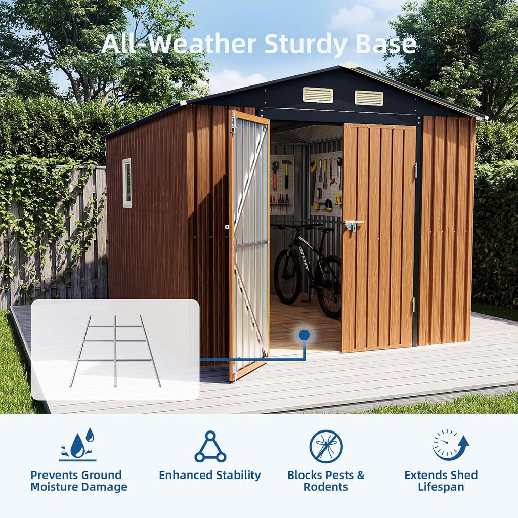 8x10 FT Outdoor Storage Shed, Metal Garden Shed with Floor Base & Updated Frame Structure, Lockable Door and Window, Large Tool Shed for Backyard, Patio, Lawn, Utility & Bike Storage