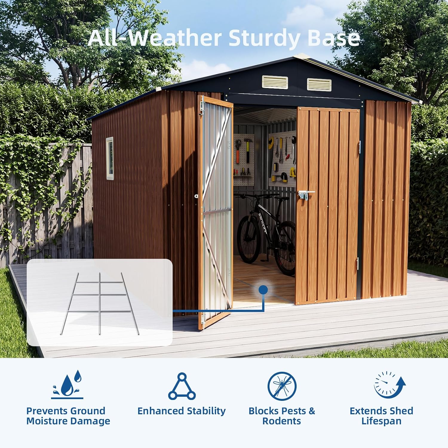 8x10 FT Outdoor Storage Shed, Metal Garden Shed with Floor Base & Updated Frame Structure, Lockable Door and Window, Large Tool Shed for Backyard, Patio, Lawn, Utility & Bike Storage