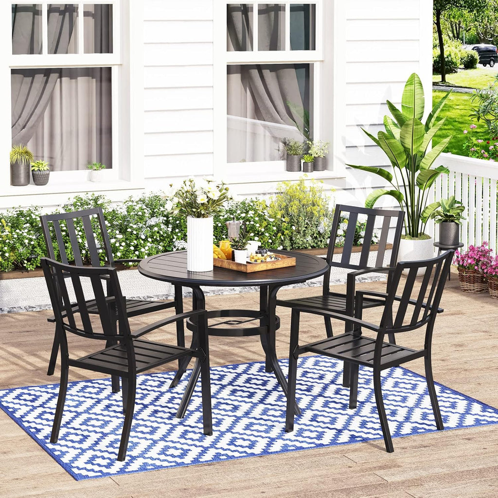 MFSTUDIO Outdoor Dining Set for 4, Round Patio Table and Chairs Set with Umbrella Hole, Metal Patio Furniture Set for Deck, Backyard, Poolside & Garden