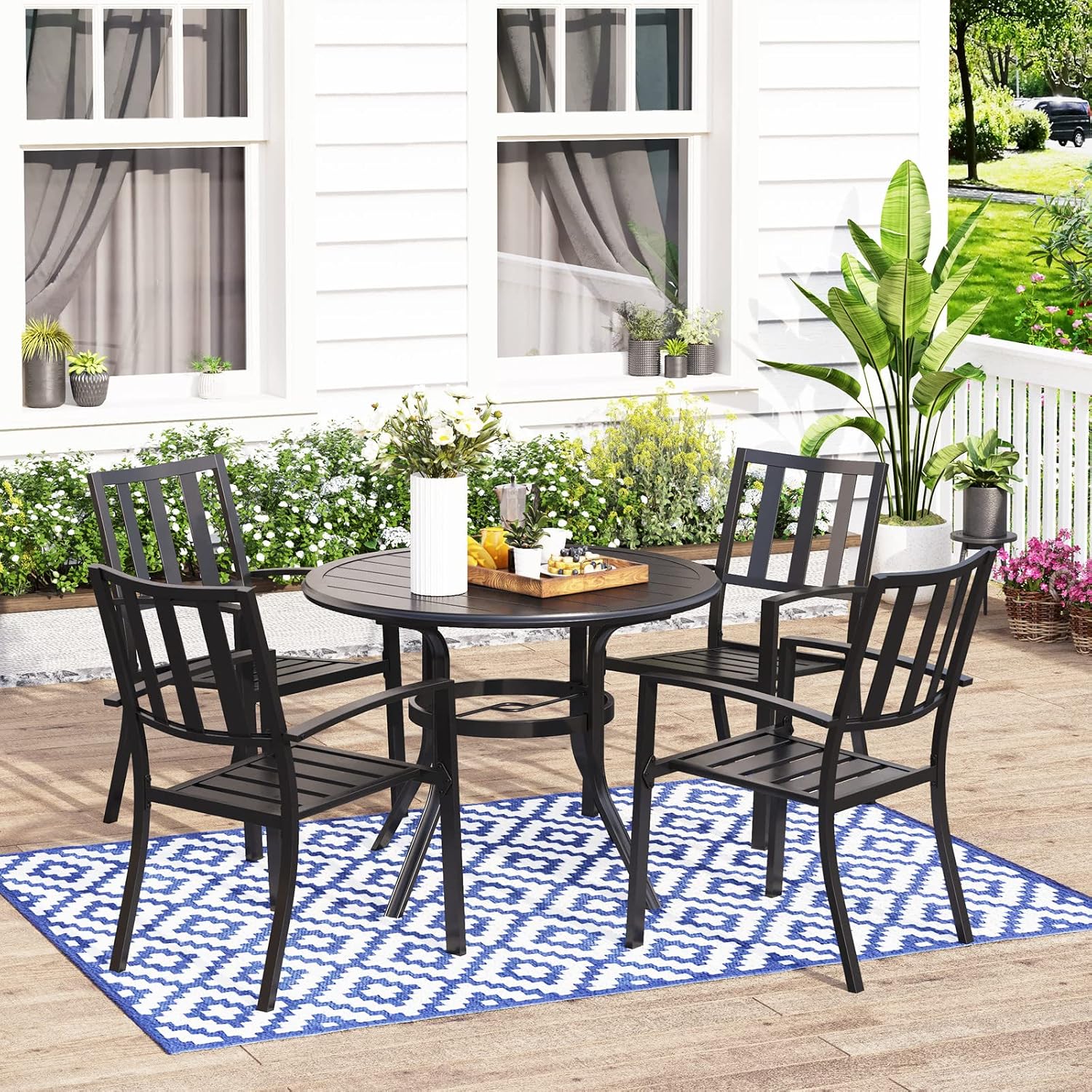 MFSTUDIO Outdoor Dining Set for 4, Round Patio Table and Chairs Set with Umbrella Hole, Metal Patio Furniture Set for Deck, Backyard, Poolside & Garden