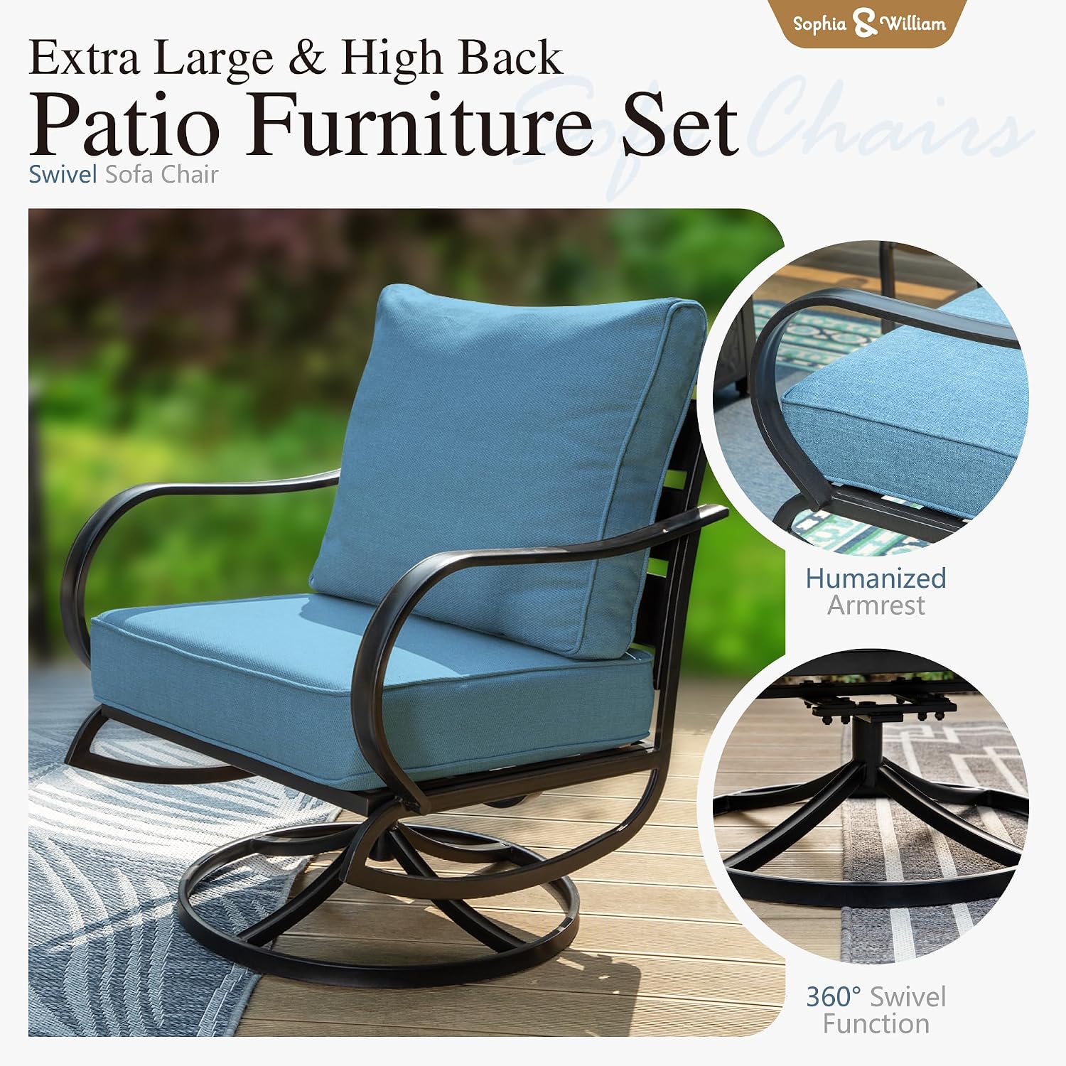 Sophia & William Patio Furniture Sets for 7 Outdoor Conversation Set 7 Pcs with 2 x Swivel Sofa Chairs, 2 x Armrest Chairs, 1 x 3-Seat Sofa, 2 x Ottomans for Coffee Garden Backyard Poolside Navy