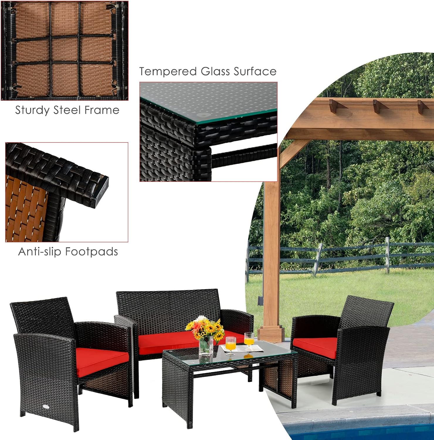 Tangkula 4 Pieces Rattan Furniture Set, Outdoor Conversation Set w/Chair & Loveseat & Tempered Glass Coffee Table, Suitable for Garden, Backyard, Poolside, Patio Furniture Set for 4 (1, Red)