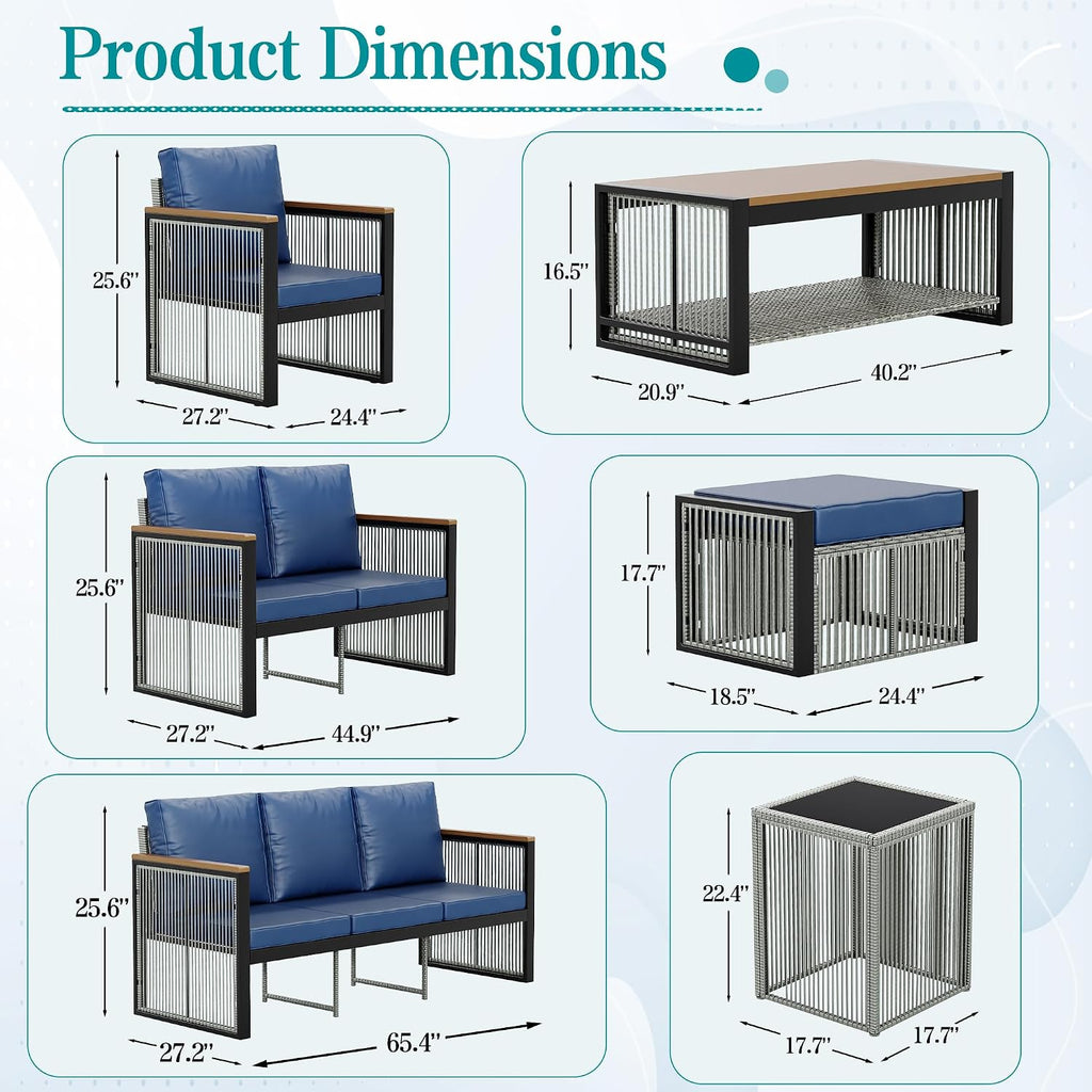 HOMREST Outdoor Metal Furniture Set, 5 Pieces Patio Sectional Conversation Chat Sofa,Love seat with Coffee Table & Side Table,Wood Armrest and High-Resiliency Sponge Cushions(Blue)