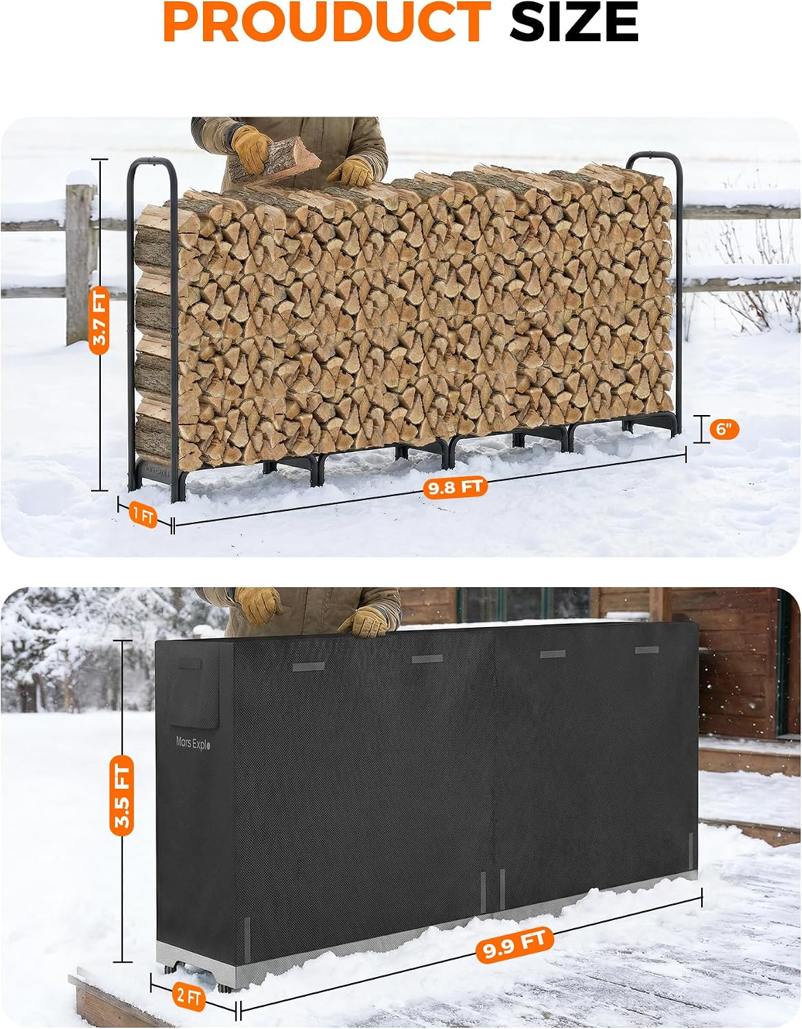 10ft Firewood Log Rack with Cover Outdoor, Heavy Duty Indoor Outdoor Firewood Storage Log Rack with Cover Combo Set Black