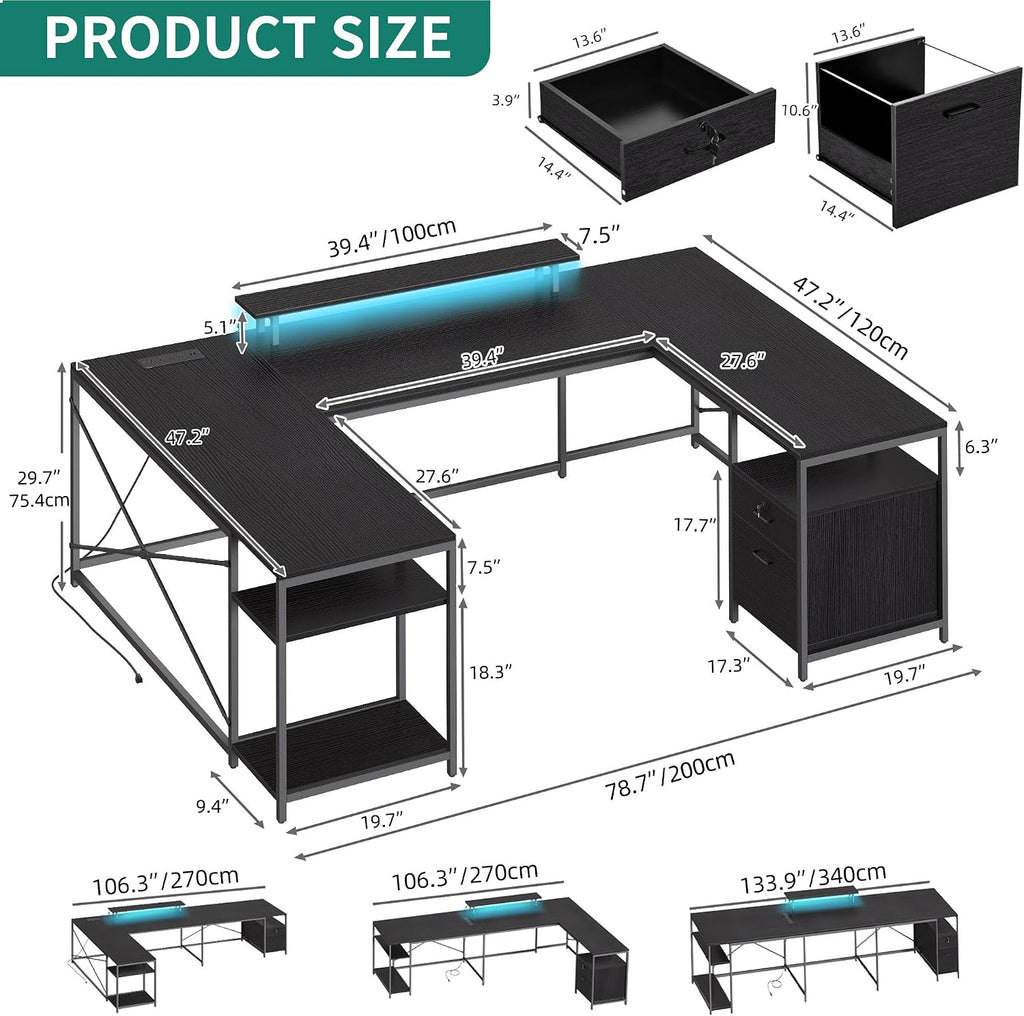 YITAHOME U Shaped Desk with Power Outlets & LED Lights, 79' Reversible L Shaped Desk with Drawers, Corner Computer Desk Office Desk with Monitor Stand & Storage Shelves, Black