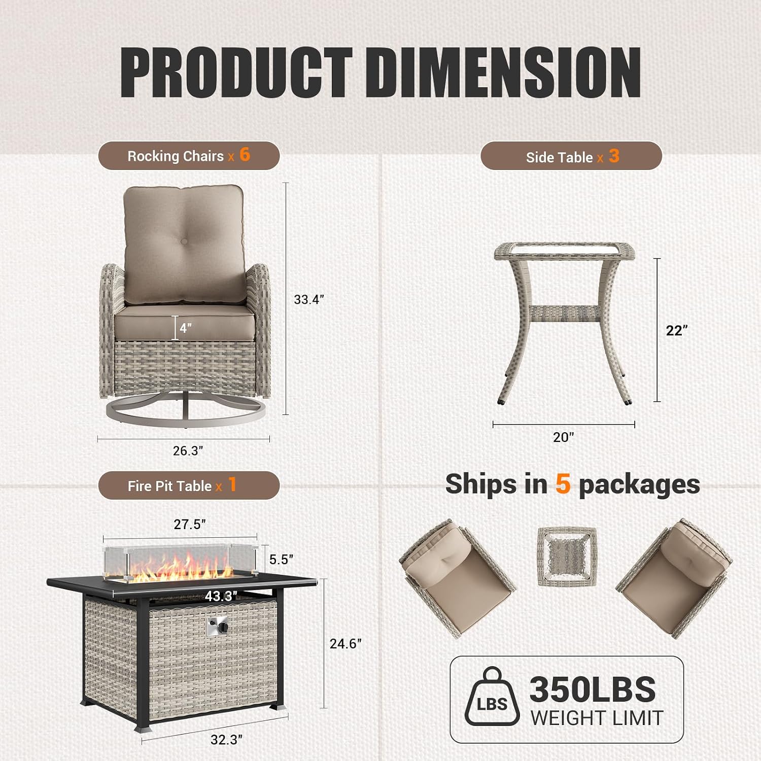 10Pcs Patio Rocking Swivel Chair with 55,000 BTU Fire Pit Table Outdoor Wicker Rattan Bistro Set with Tempered Glass Side Table, Outdoor Patio Furniture Set for Garden and Balcony, Beige
