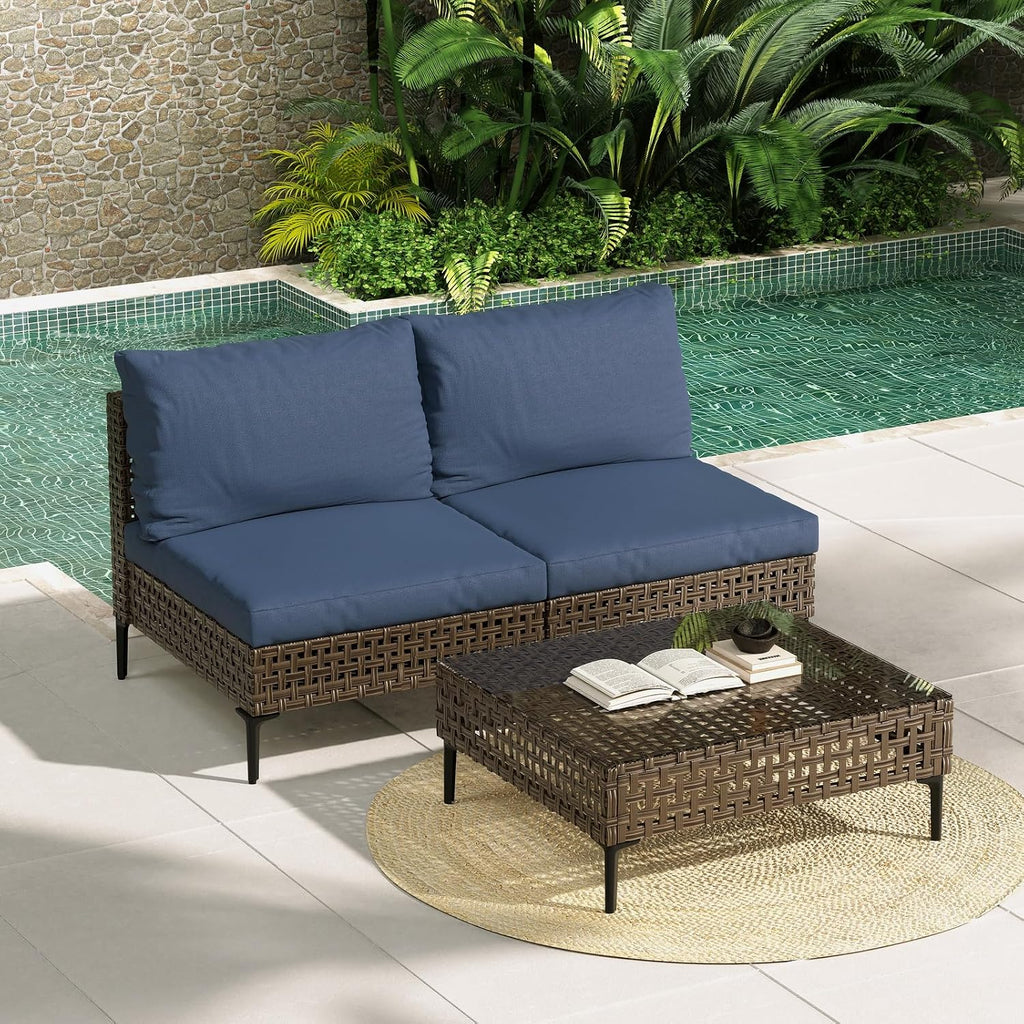 Grand patio 3-Piece Wicker Patio Furniture Set, Retro Outdoor Sectional Sofa with Water Resistant Blue Thick Cushions and Coffee Table, Brown