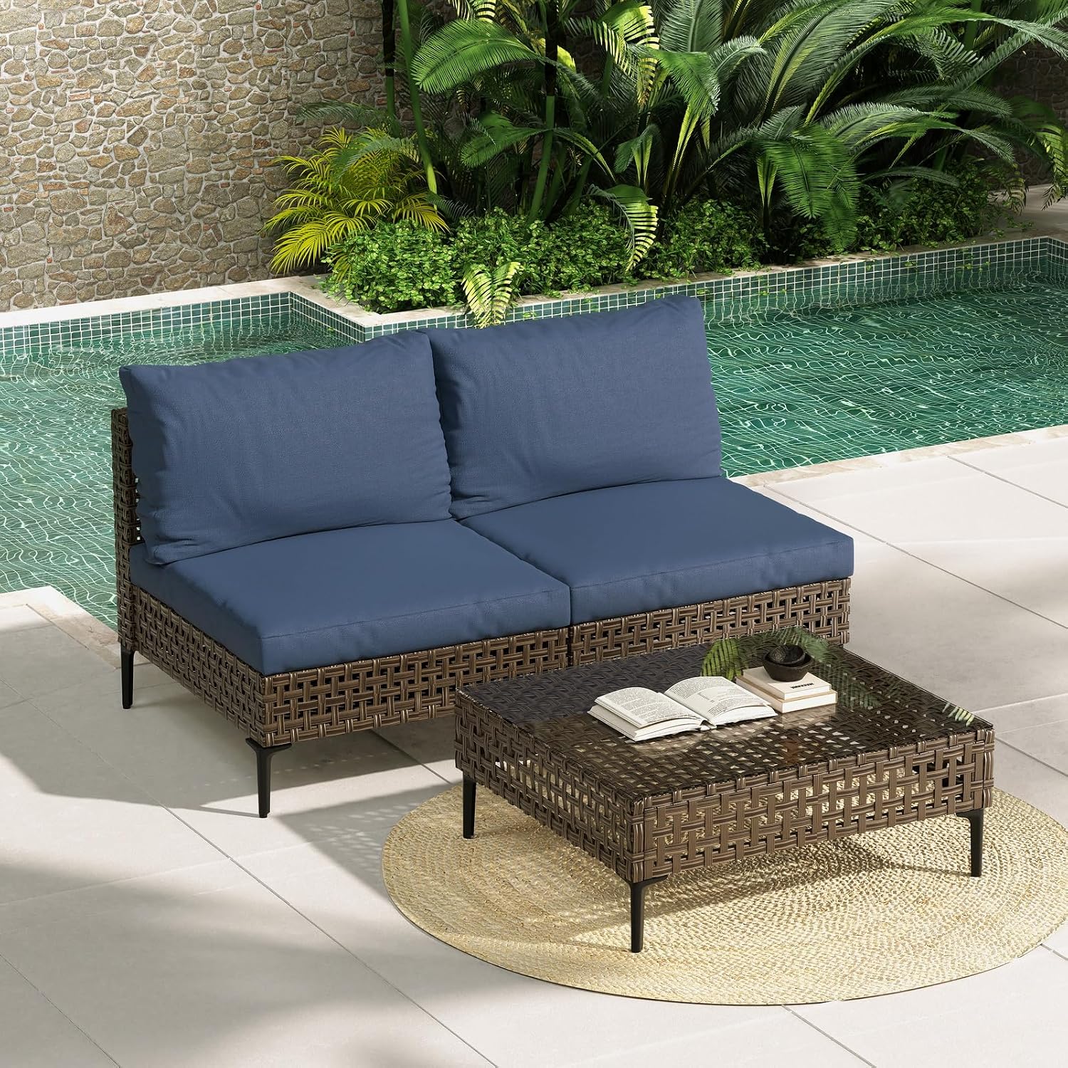 Grand patio 3-Piece Wicker Patio Furniture Set, Retro Outdoor Sectional Sofa with Water Resistant Blue Thick Cushions and Coffee Table, Brown