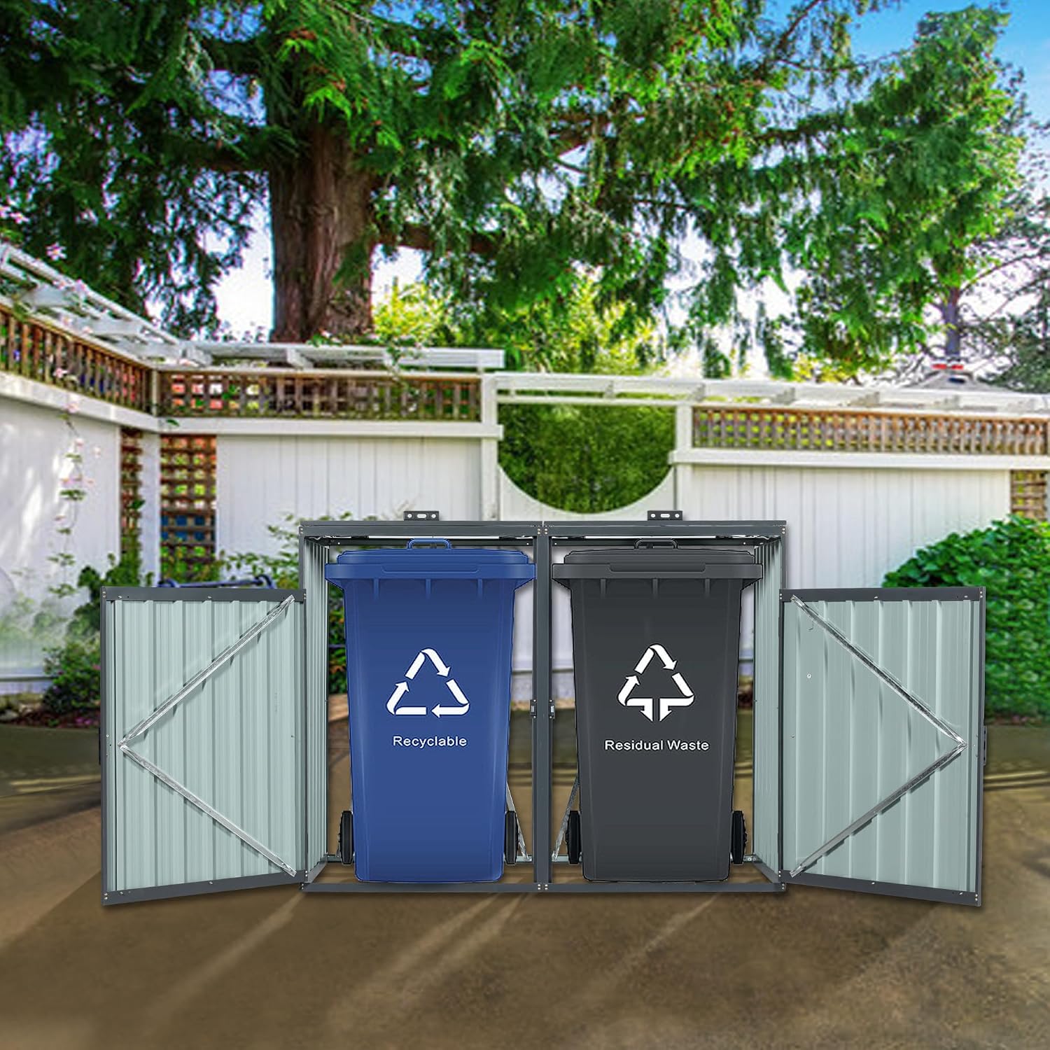Outdoor Trash Can Storage, Garbage Bin Shed Stores 3 Trash Cans, Metal Outdoor Storage Shed for Garbage Cans, Garden Accessories, Backyard, and Patio Use, Lockable, Black