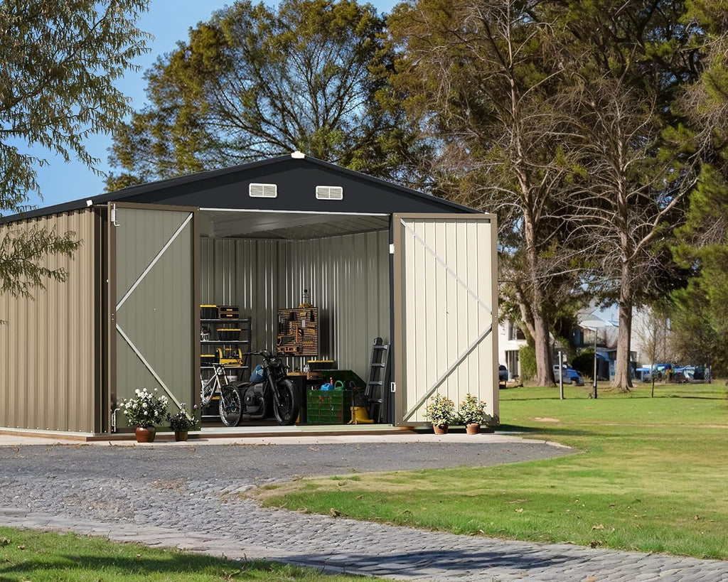 Greesum 10x10FT Outdoor Storage Shed, Utility Tool Shed Metal Storage Shed with Door & Lock for Patio Storage, Garden, Lawn, Brown