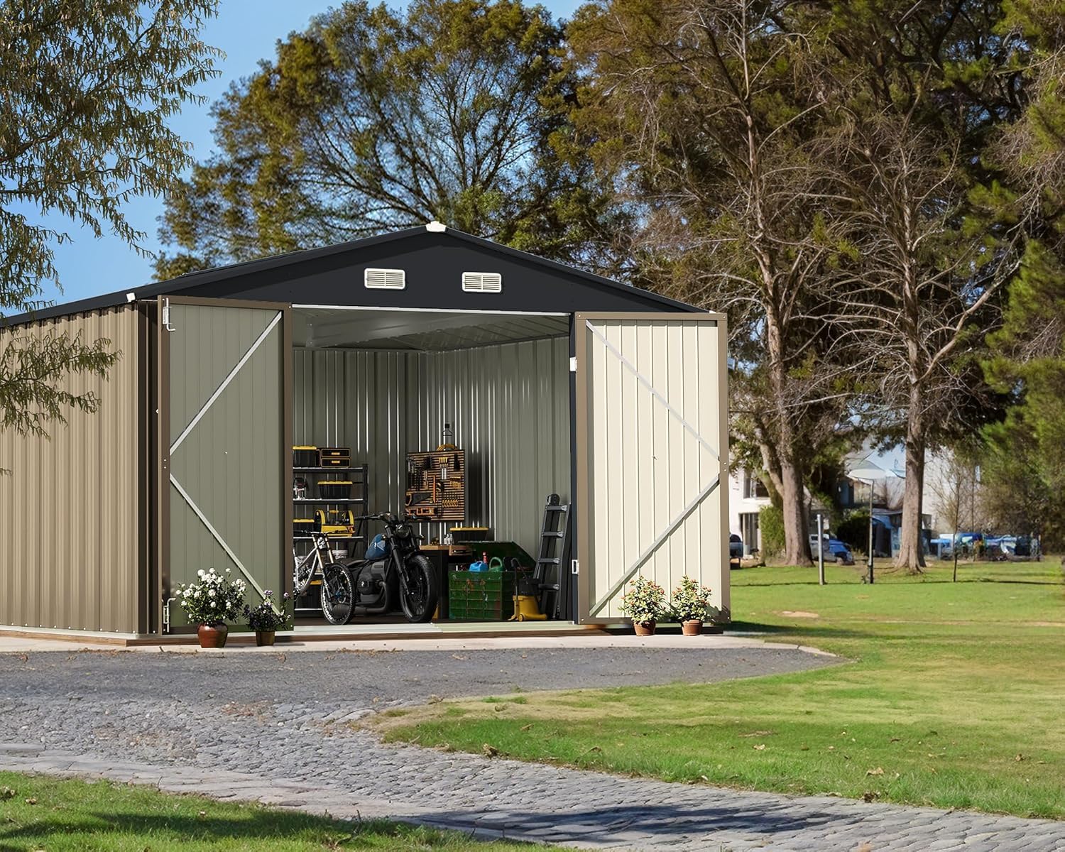 Greesum 10x10FT Outdoor Storage Shed, Utility Tool Shed Metal Storage Shed with Door & Lock for Patio Storage, Garden, Lawn, Brown