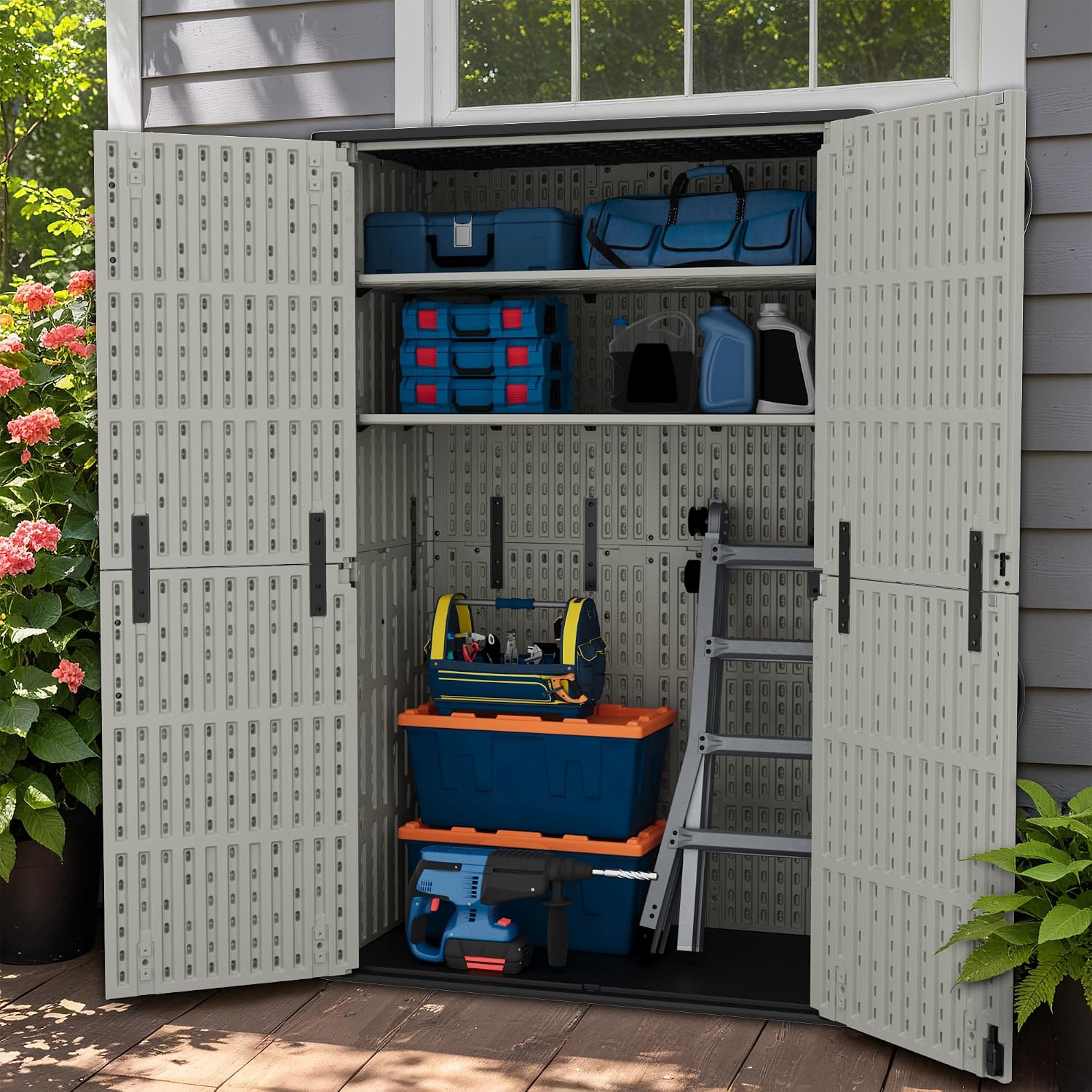 Greesum Outdoor Storage Cabinet, 50 CUFT Deck Box Without Shelves, Waterproof Plastic Storage Shed for Patio Cushions, Gardening Tools, Lockable and Sidehandles, UV Resistant, Beige