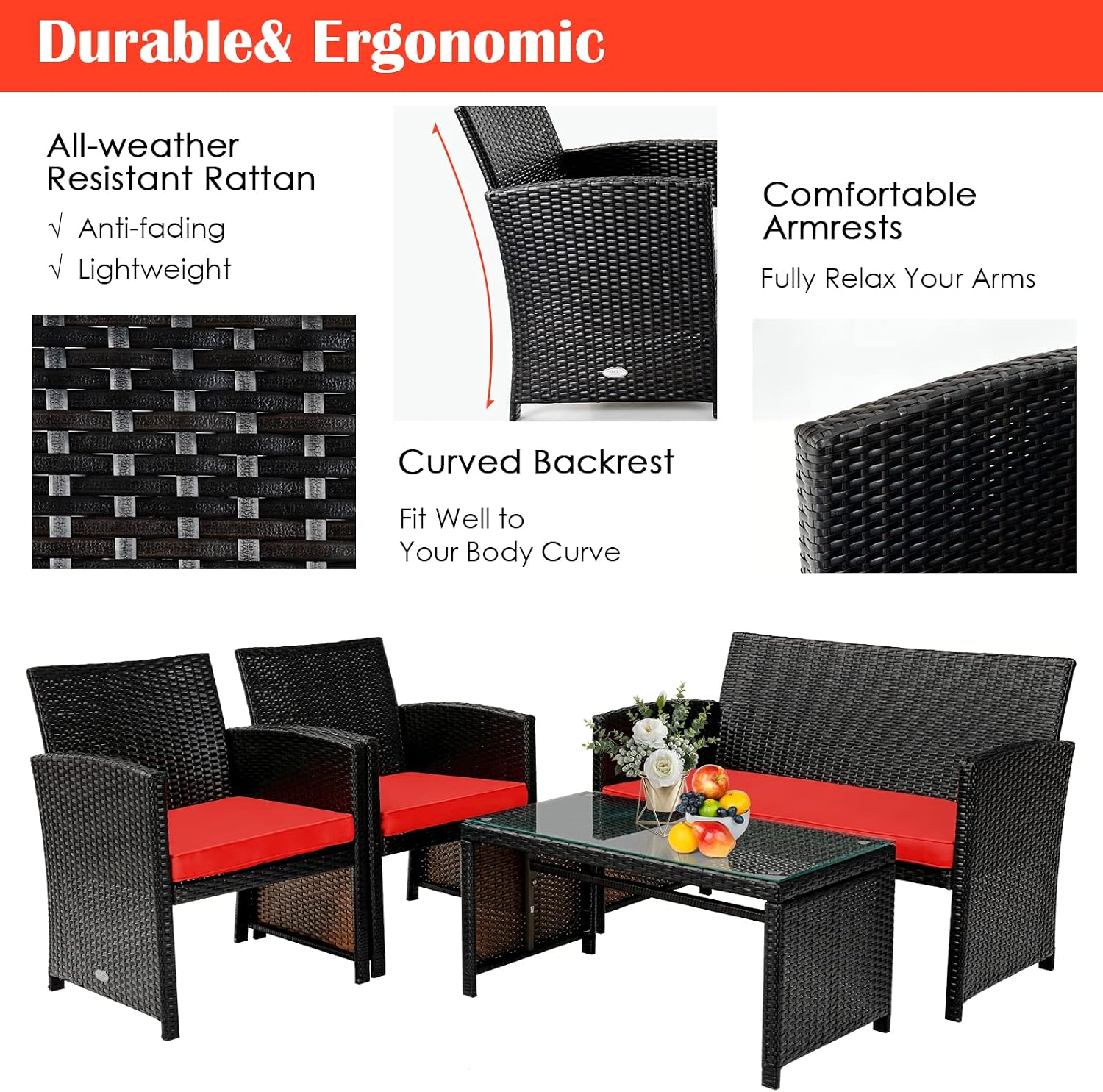 Tangkula 4 Pieces Rattan Furniture Set, Outdoor Conversation Set w/Chair & Loveseat & Tempered Glass Coffee Table, Suitable for Garden, Backyard, Poolside, Patio Furniture Set for 4 (1, Red)