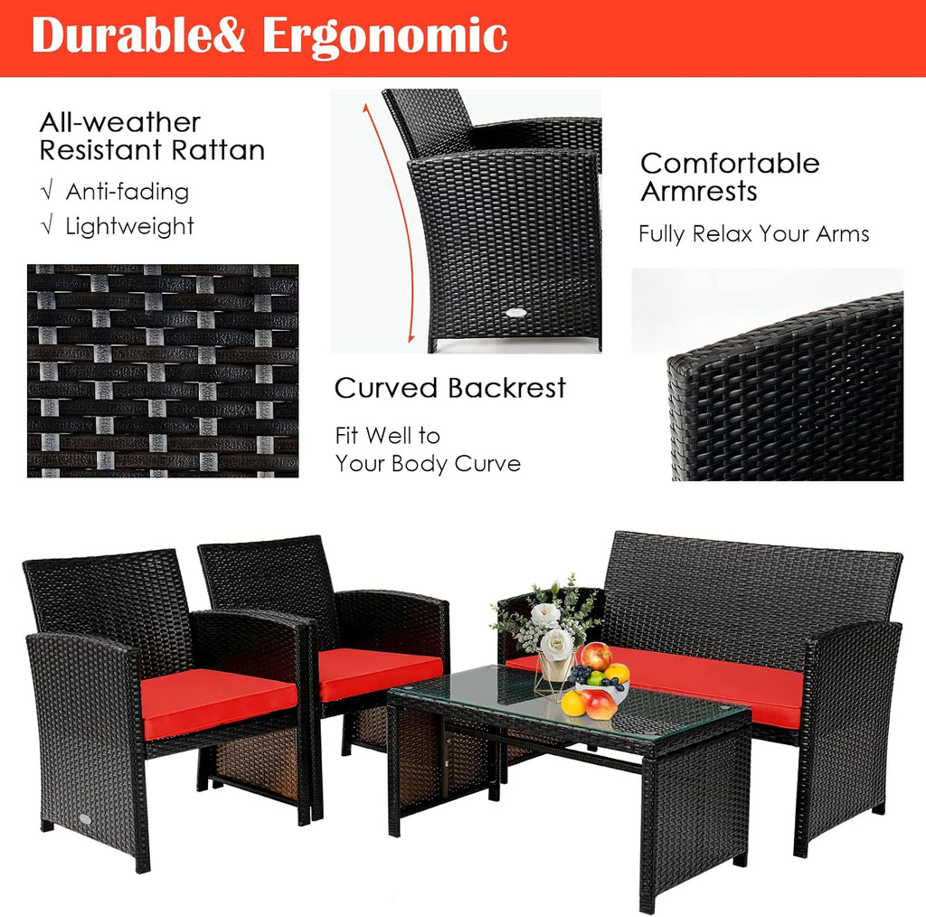 Tangkula 8 Pieces Rattan Furniture Set, Outdoor Conversation Set w/Chair & Loveseat & Tempered Glass Coffee Table, Suitable for Garden, Backyard, Poolside, Patio Furniture Set for 8 (2, Red)