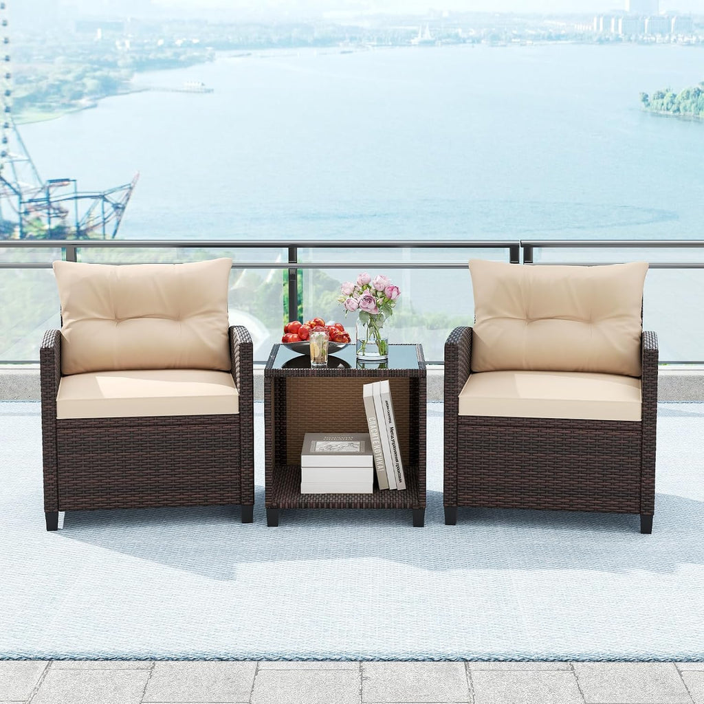 KOTEK 3 Piece Patio Furniture Set, Outdoor Conversation Set with Washable Cushions & Storage Table, PE Rattan Wicker Bistro Set for Porch, Backyard, Balcony (Beige)