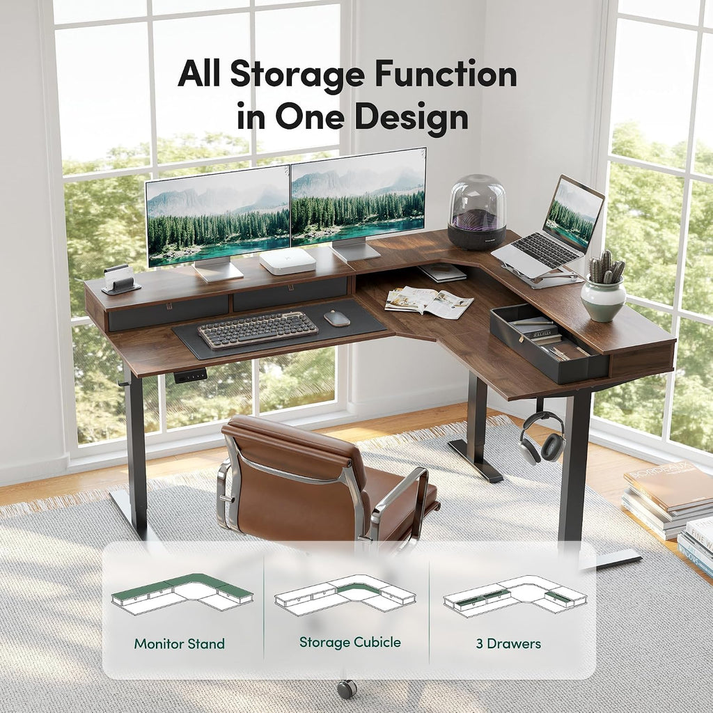 FEZIBO L Shaped Electric Standing Desk, 63x48 inch Large with Drawers | Reversible Tabletop, 2 Memory Height Settings | Home Office & Gaming Height-Adjustable Table, Black Walnut（2 Packages）