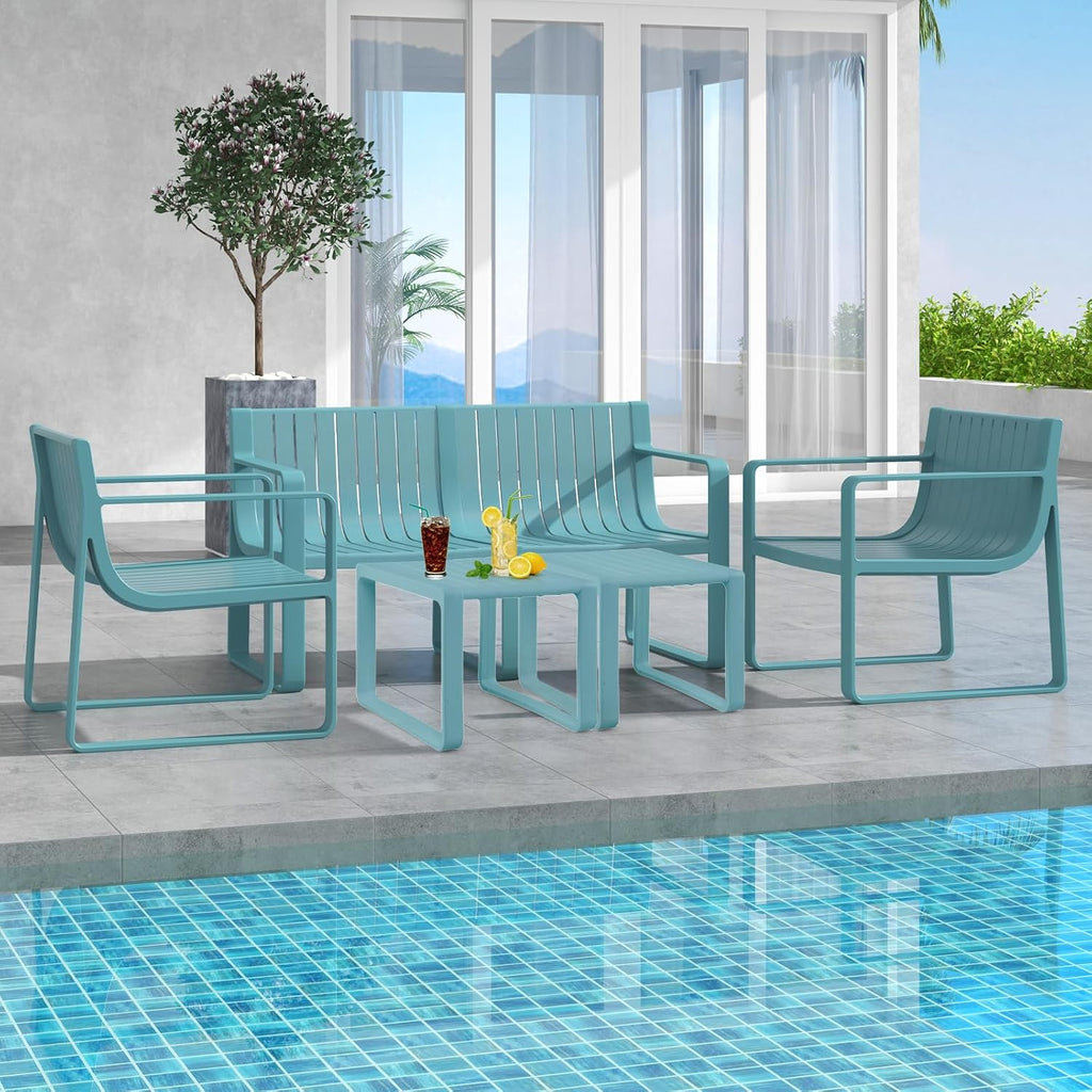 Tangkula 5-Piece Patio Furniture Set, Outdoor Conversation Set w/1 Loveseat, 2 Patio Chairs & 2 Side Tables, All-Weather Patio Bistro Set for Lawn, Backyard, Poolside, Balcony, Garden, Deck (Blue)