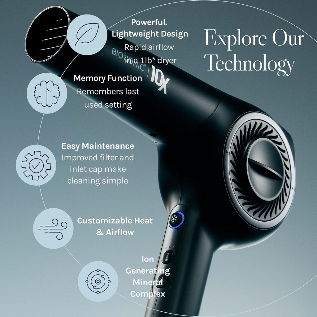Bio Ionic 10X Ultralight Speed Hair Dryer, Blow Dryer with Adjustable Heat & Speed, Memory Function, Professional Hair Styling Tool for Fast, Frizz-Free Hairstyles