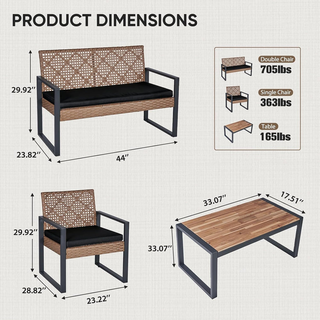 COOS BAY Haven Lounge 4 Piece Rattan Patio Furniture Set, Outdoor Wicker Patio Conversation Set for Balcony & Backyard, Light Brown/Black