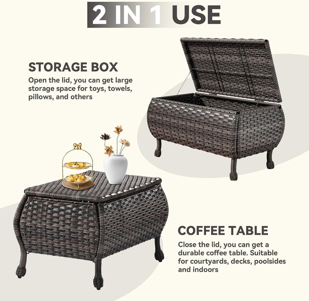 Outdoor Storage Table Patio Coffee Table All Weather Wicker Side Table with Storage Room Rattan Furniture for Toys and Garden Tools