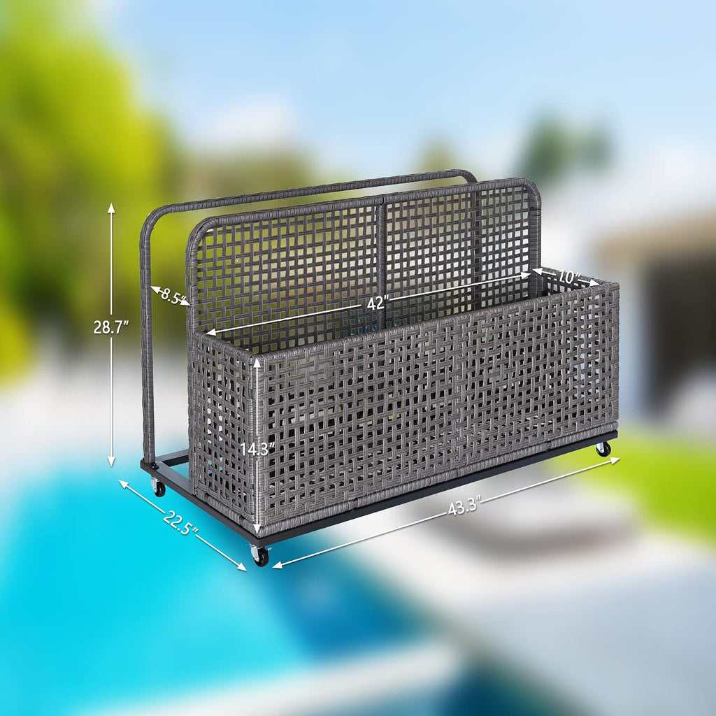 Poolside Float Storage, Outdoor Storage, Patio Poolside Float Storage Basket, Storage Box, PE Rattan Outdoor Pool Caddy with Rolling Wheels for Floaties, Patio, Pool, Beach-Sturdy & Movable,